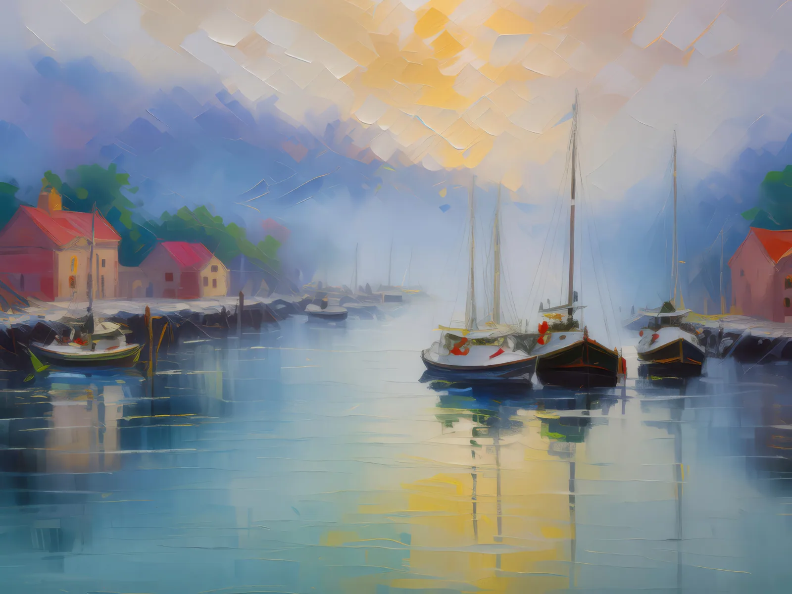 Misty Harbor Morning, a palette-knife oil landscape by Emma Mickelberg