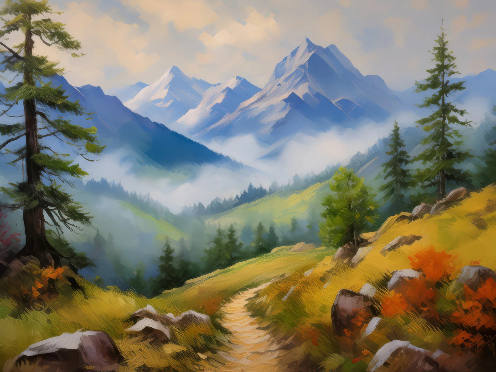 Misty Highlands Trail, a palette-knife oil landscape by Emma Mickelberg