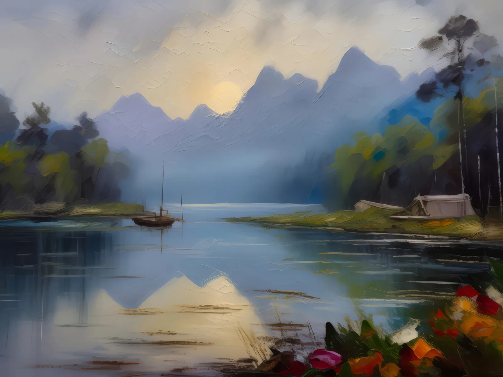 Misty Lake Morning, a palette-knife oil landscape by Emma Mickelberg