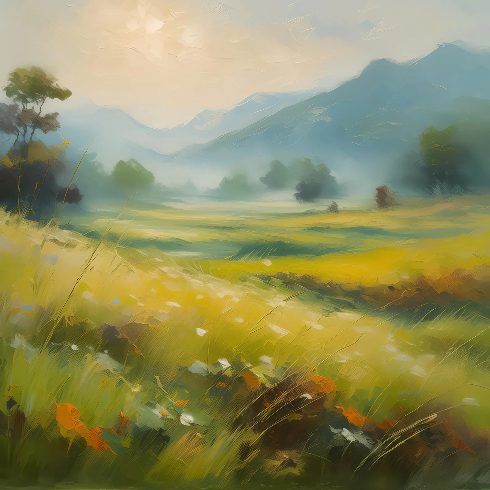 Misty Morning Grassland, a palette-knife oil landscape by Emma Mickelberg