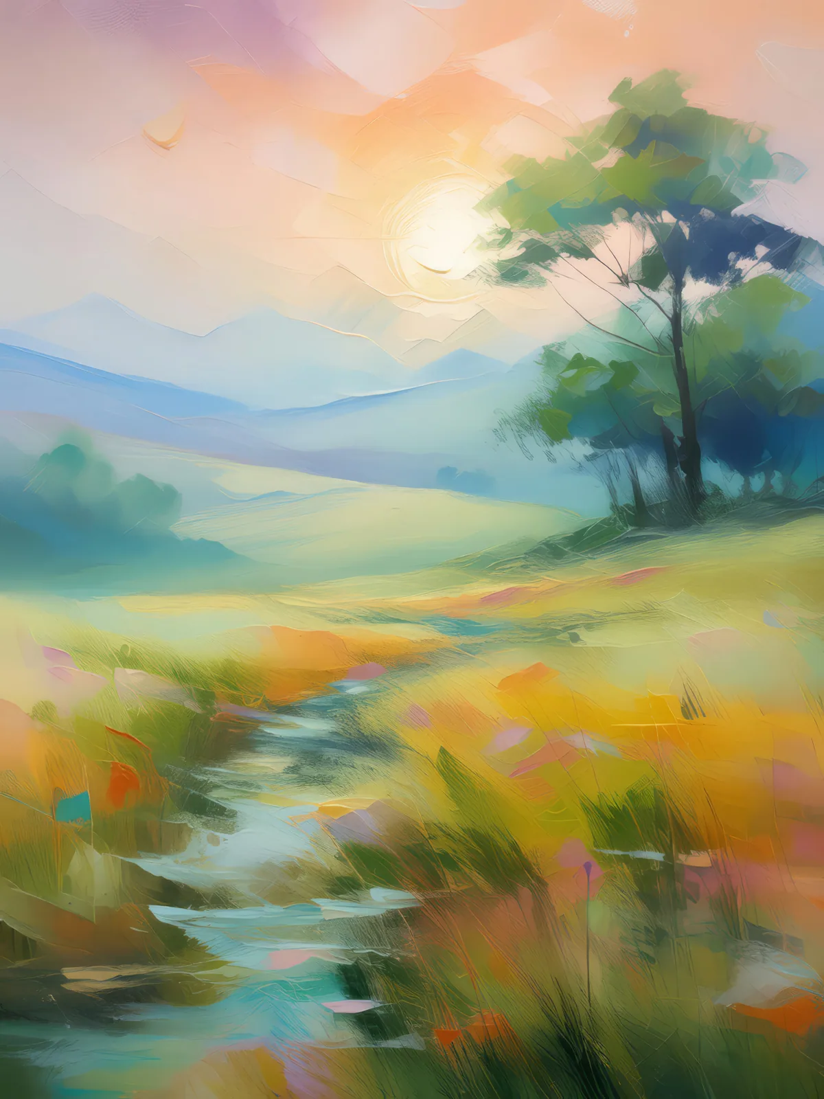 Misty Morning in Grassland, a palette-knife oil landscape by Emma Mickelberg