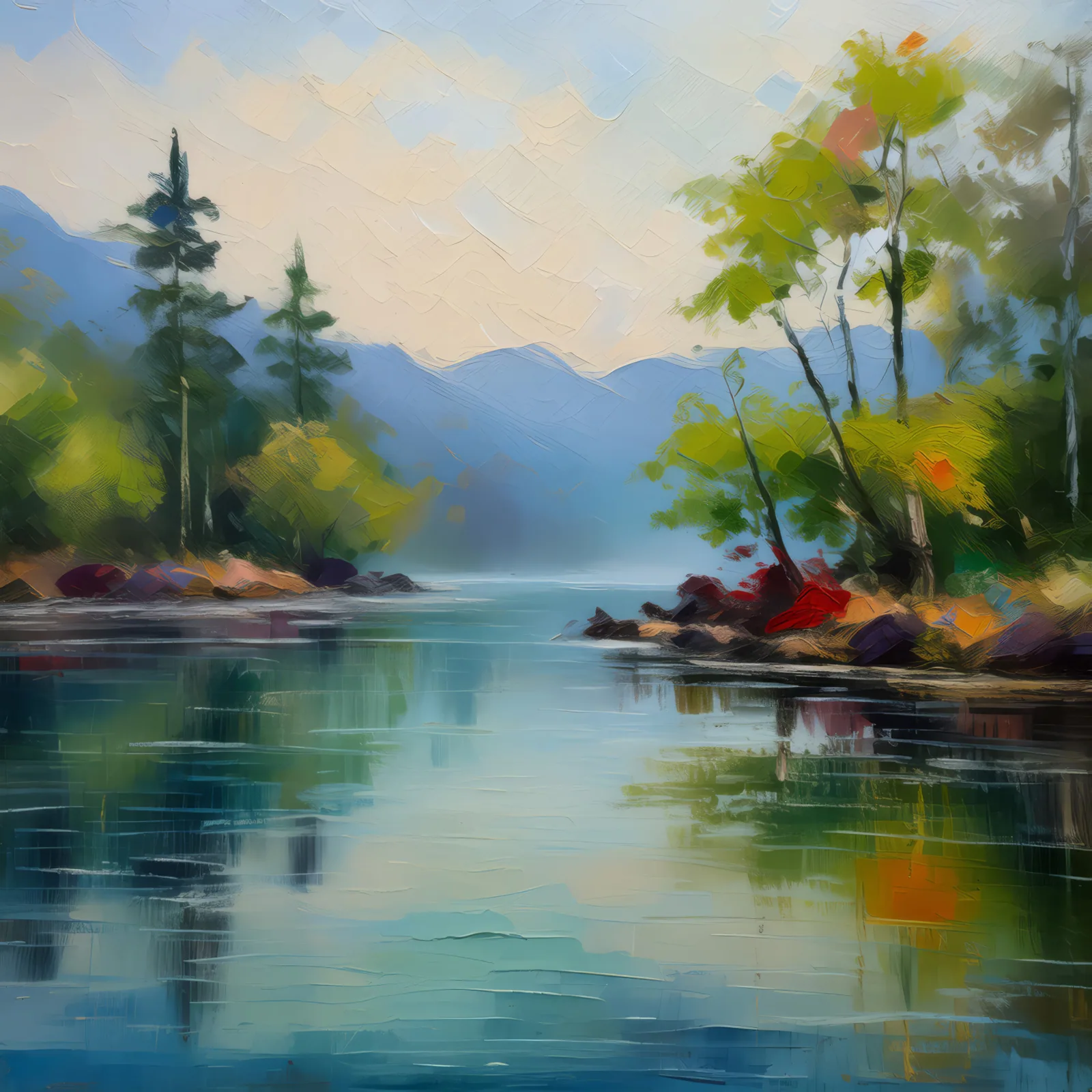 Misty Morning Lake, a palette-knife oil landscape by Emma Mickelberg