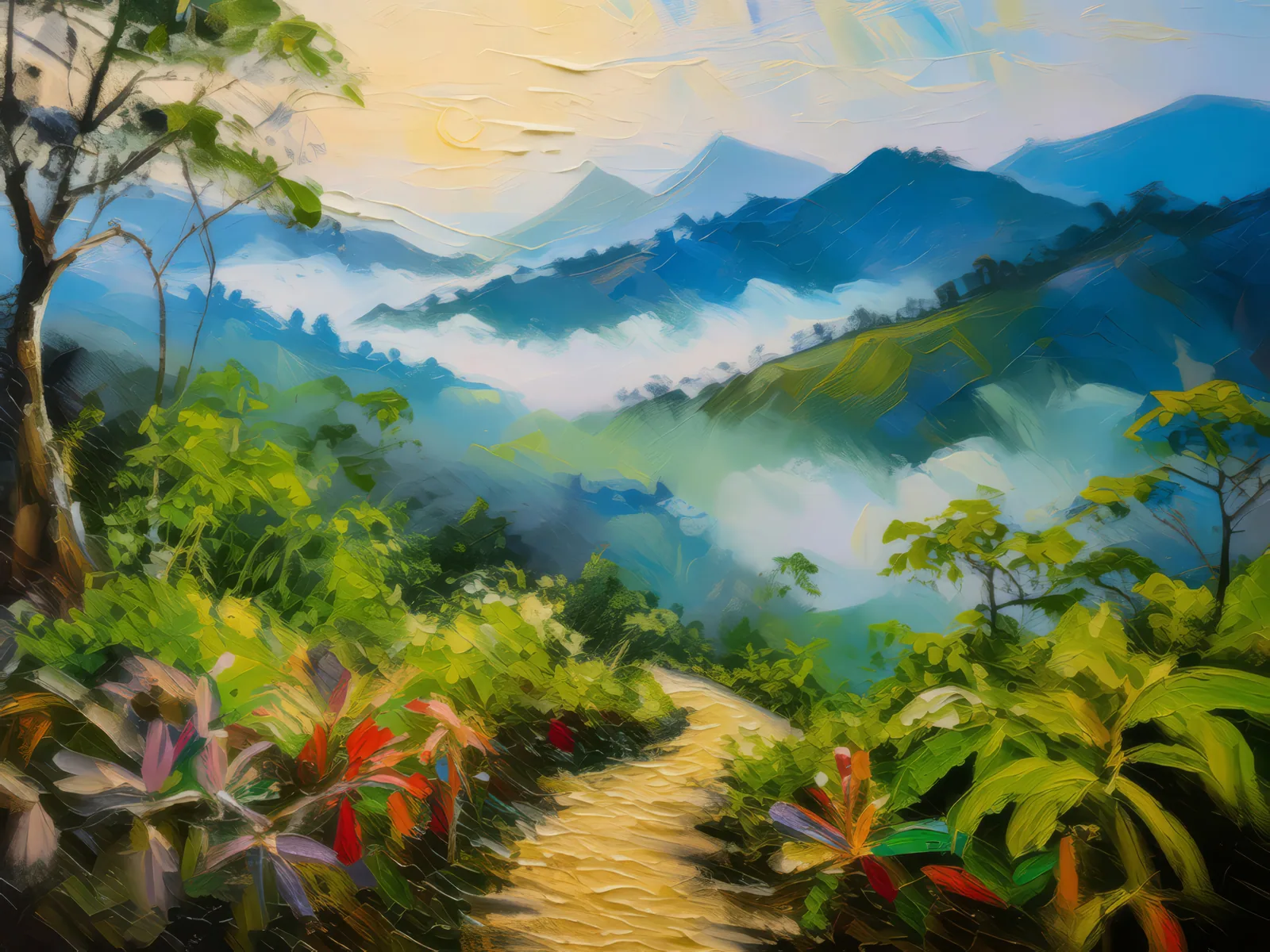Misty Morning on Mountain Path, a palette-knife oil landscape by Emma Mickelberg
