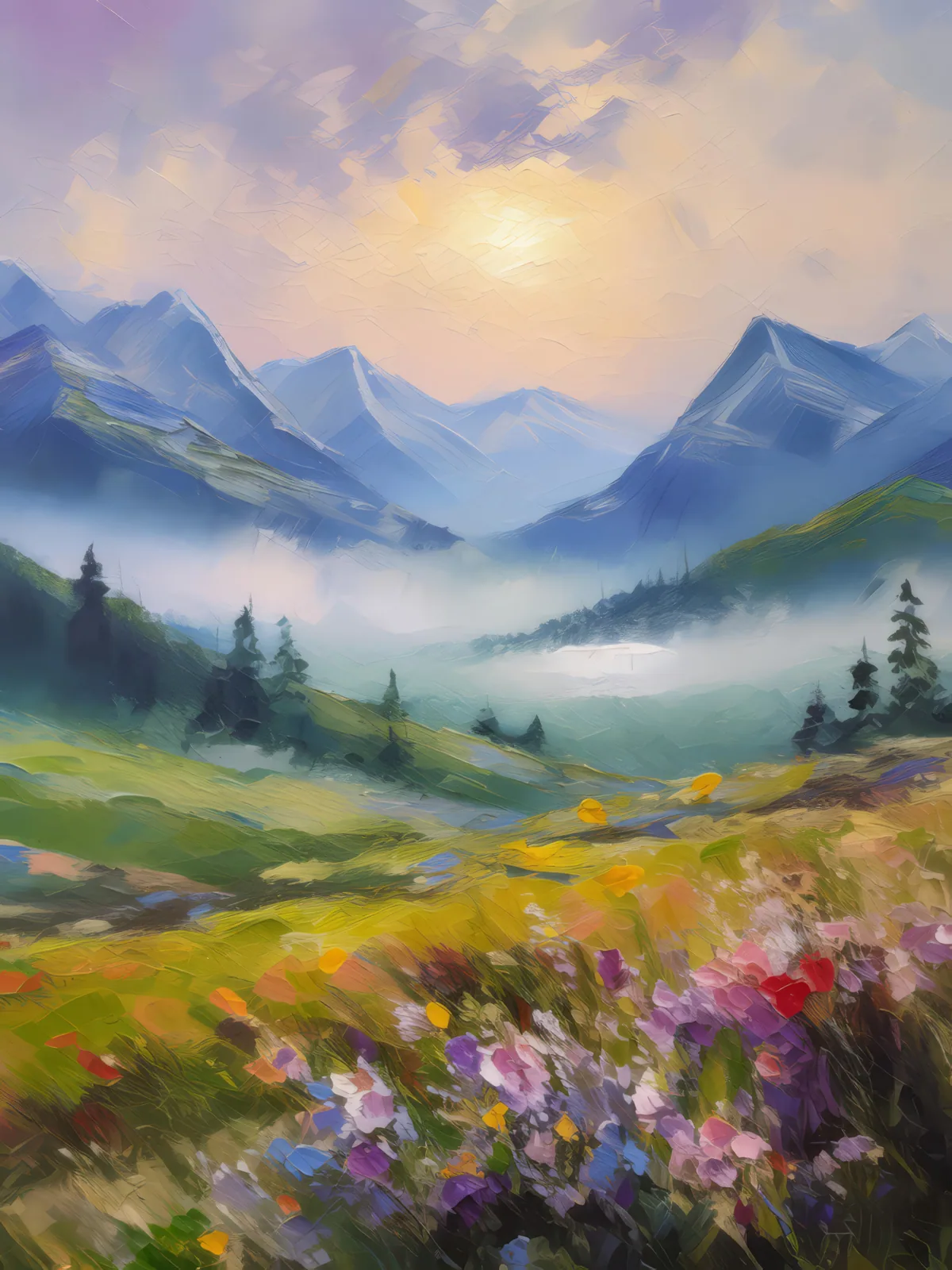 Misty Morning Valley, a palette-knife oil landscape by Emma Mickelberg