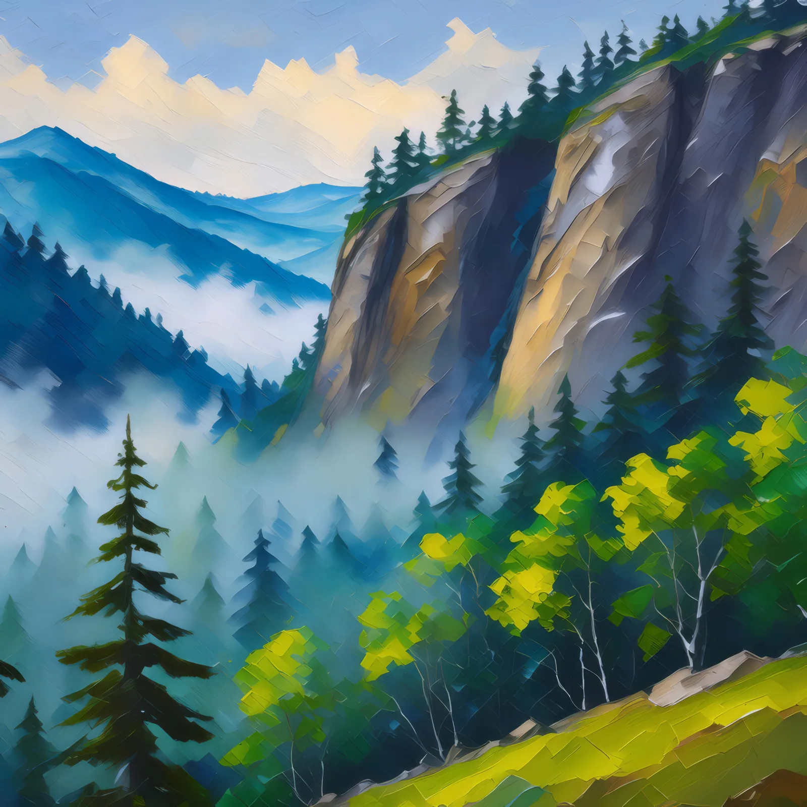 Misty Mountain Bluff, a palette-knife oil landscape by Emma Mickelberg