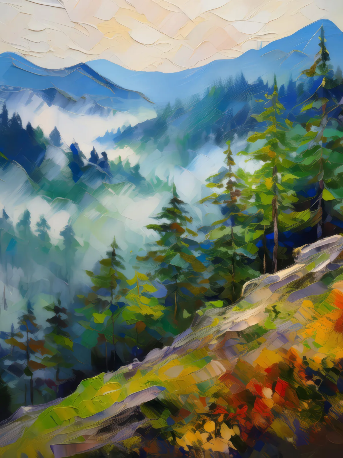Misty Mountain Edge, a palette-knife oil landscape by Emma Mickelberg
