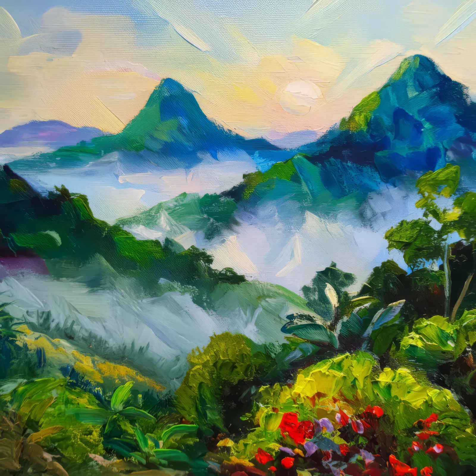 Misty Mountain Morning, a palette-knife oil landscape by Emma Mickelberg