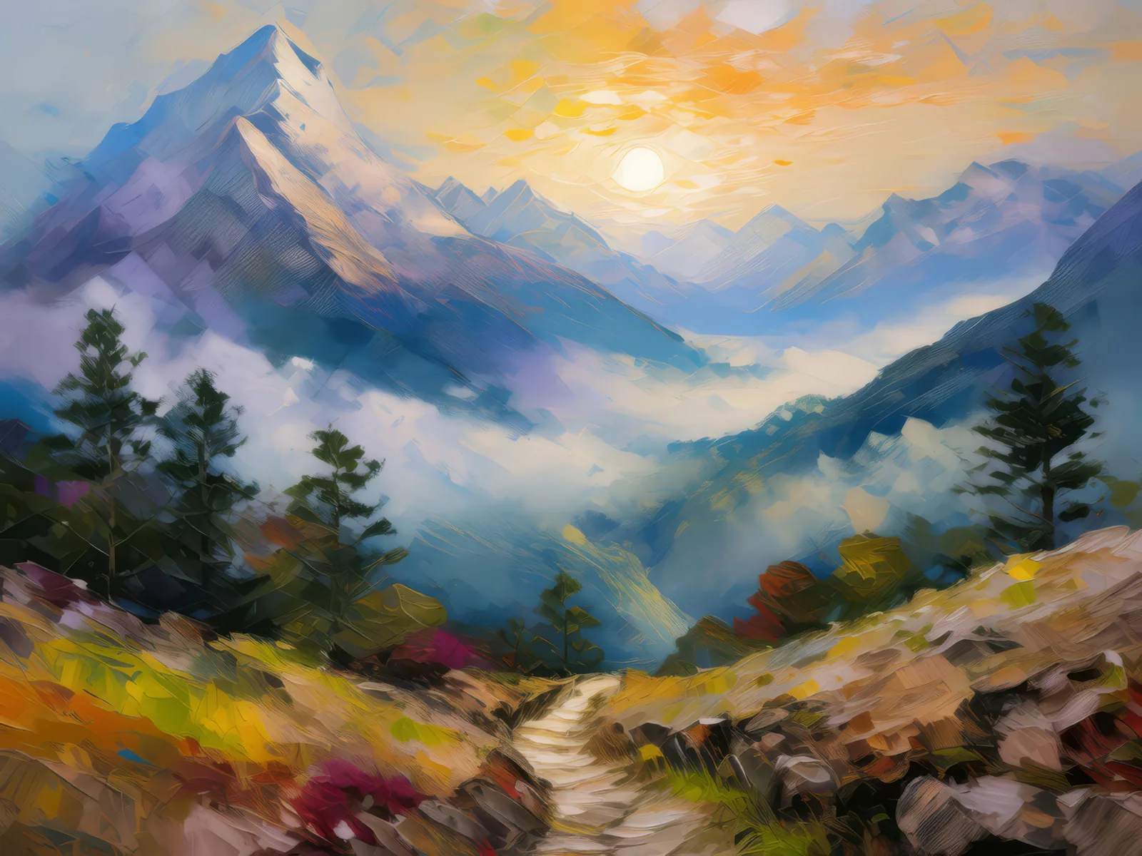 Misty Mountain Pass, a palette-knife oil landscape by Emma Mickelberg