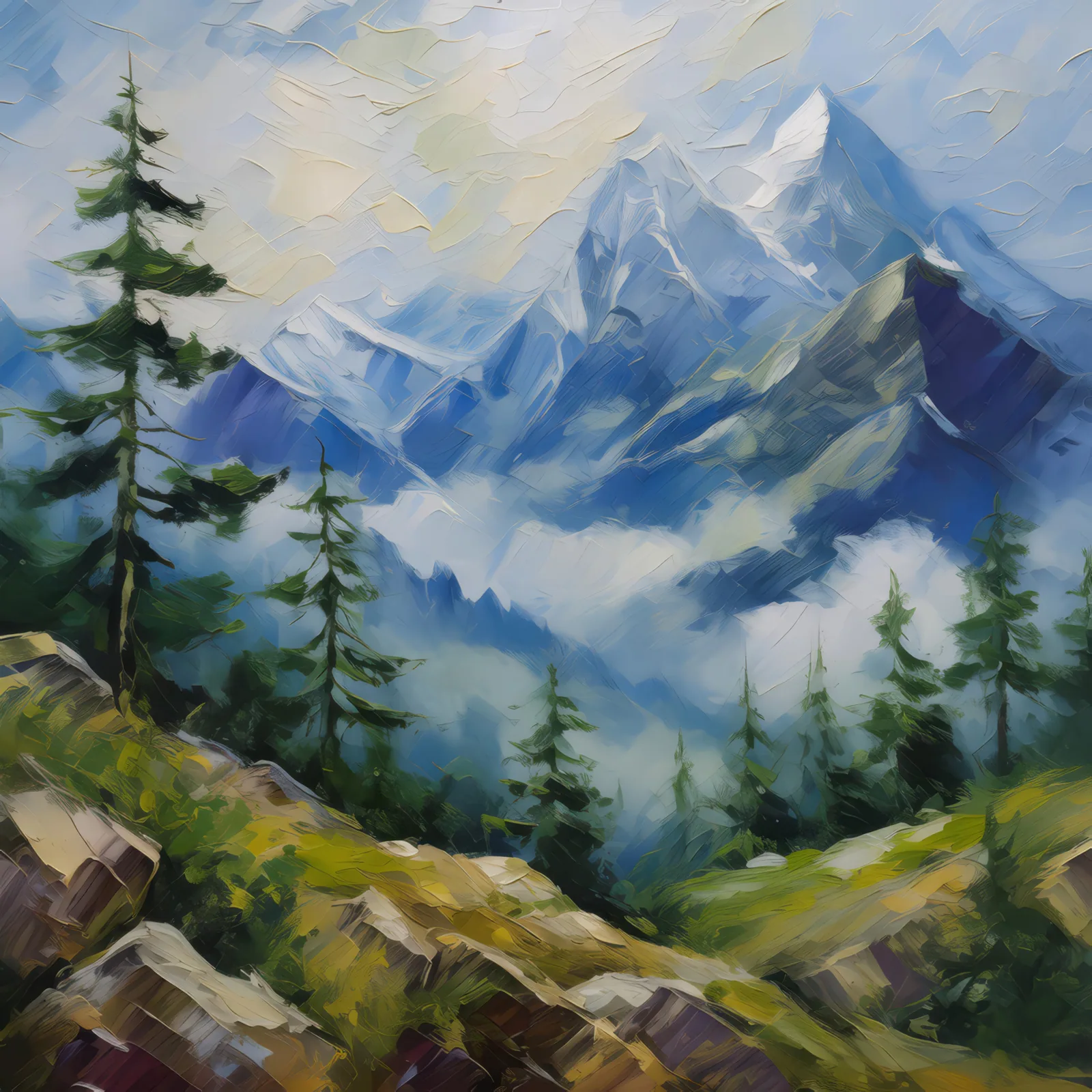 Misty Mountain Range, a palette-knife oil landscape by Emma Mickelberg