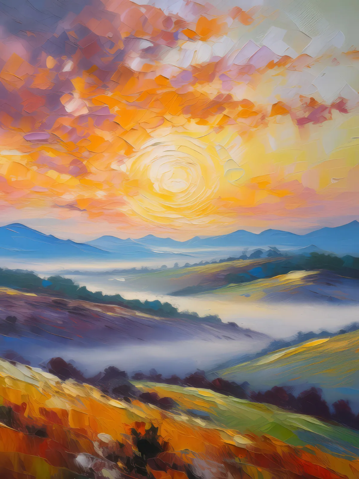 Misty Plateau Morning, a palette-knife oil landscape by Emma Mickelberg