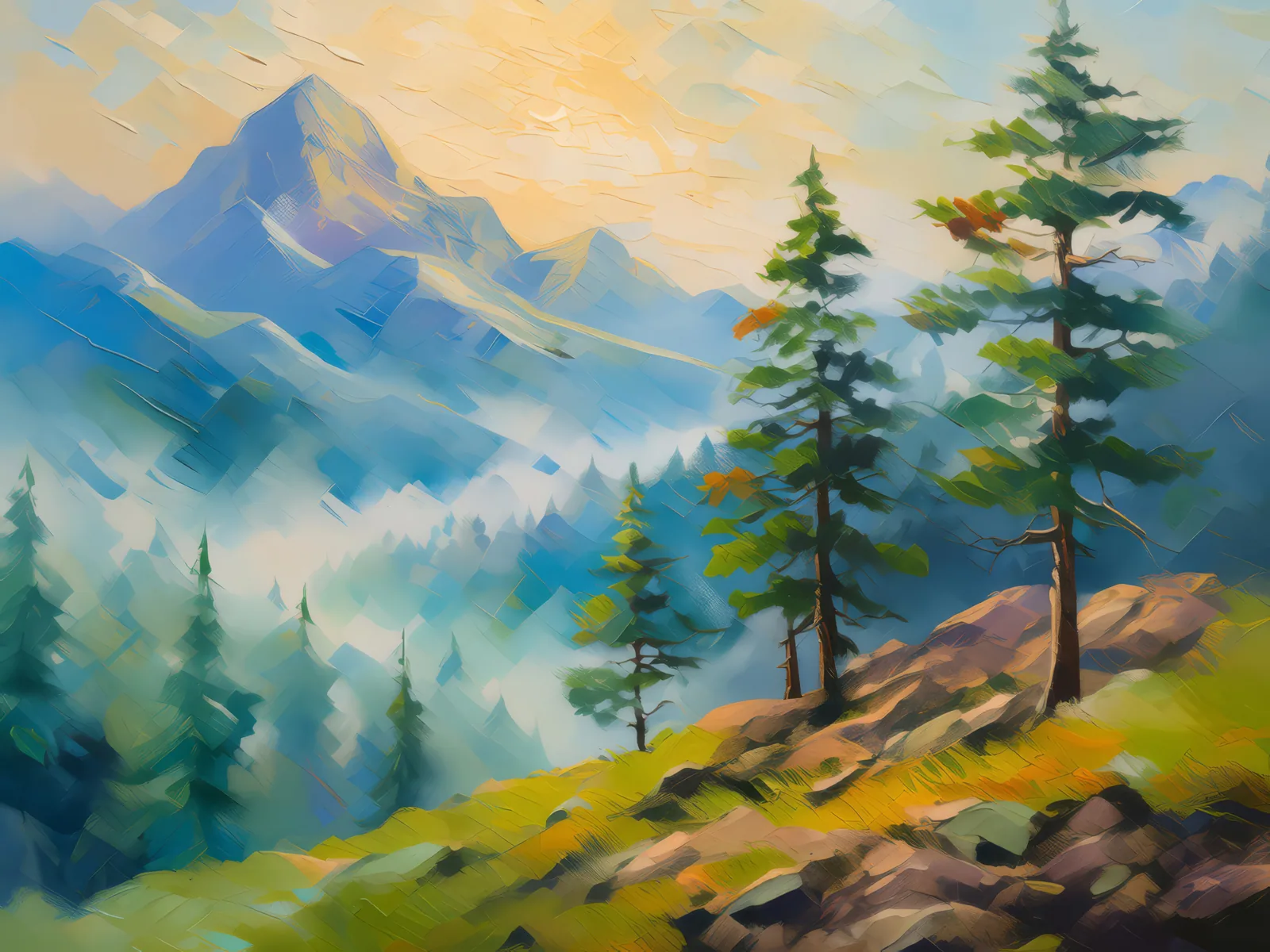 Misty Plateau Pine Forest, a palette-knife oil landscape by Emma Mickelberg