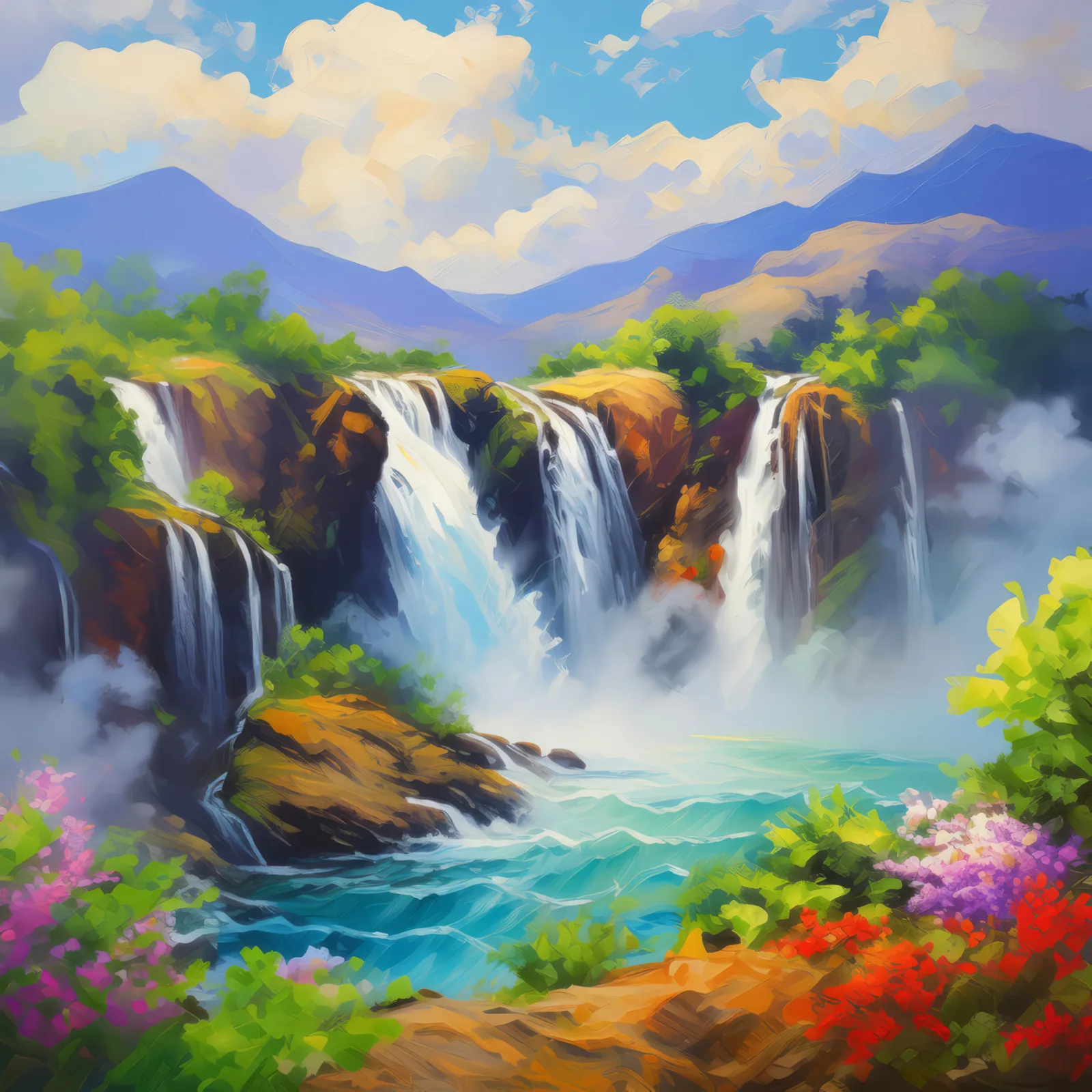 Misty Plateau Waterfall, a palette-knife oil landscape by Emma Mickelberg