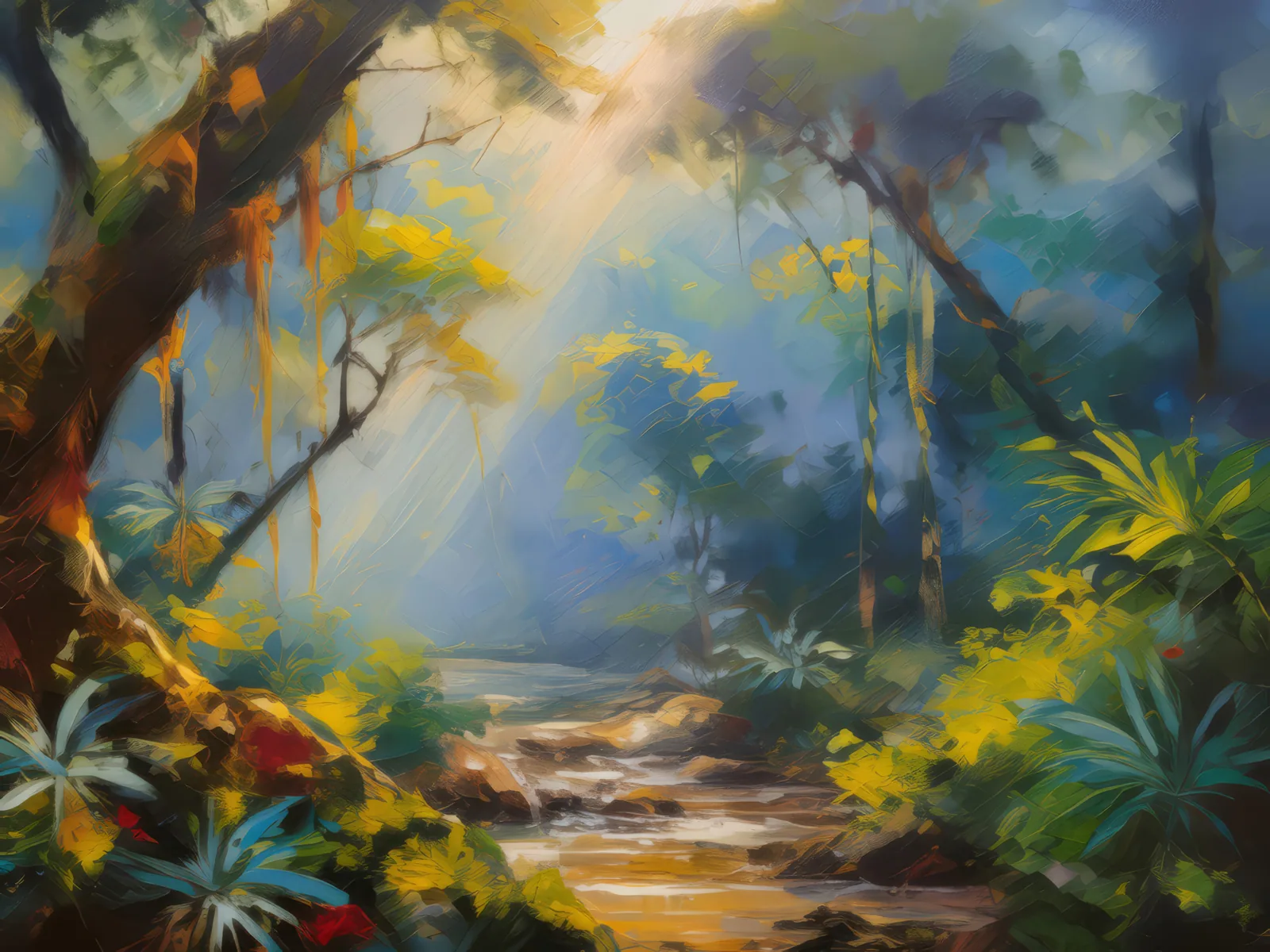 Misty Rainforest Morning, a palette-knife oil landscape by Emma Mickelberg