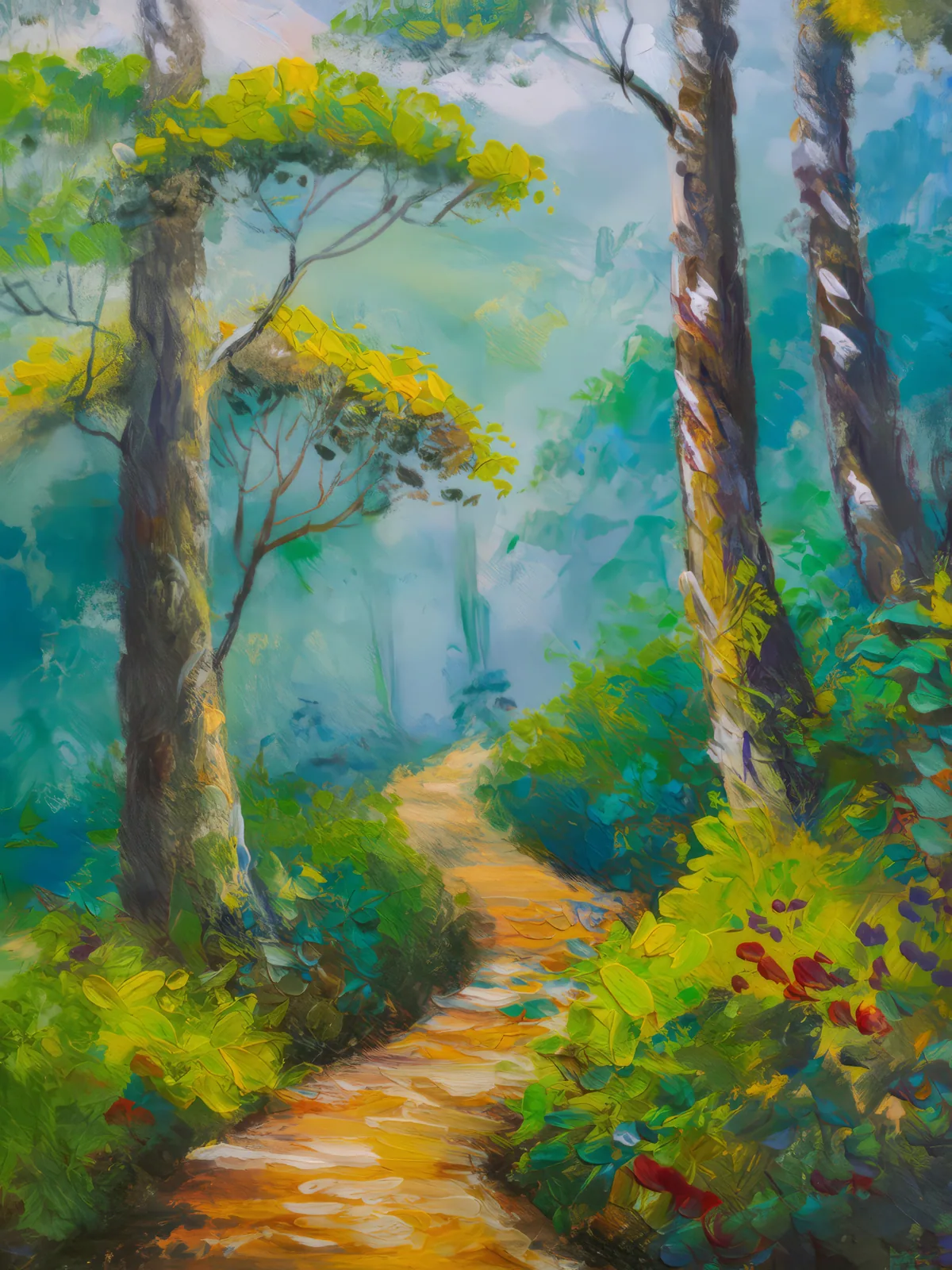 Misty Rainforest Path, a palette-knife oil landscape by Emma Mickelberg