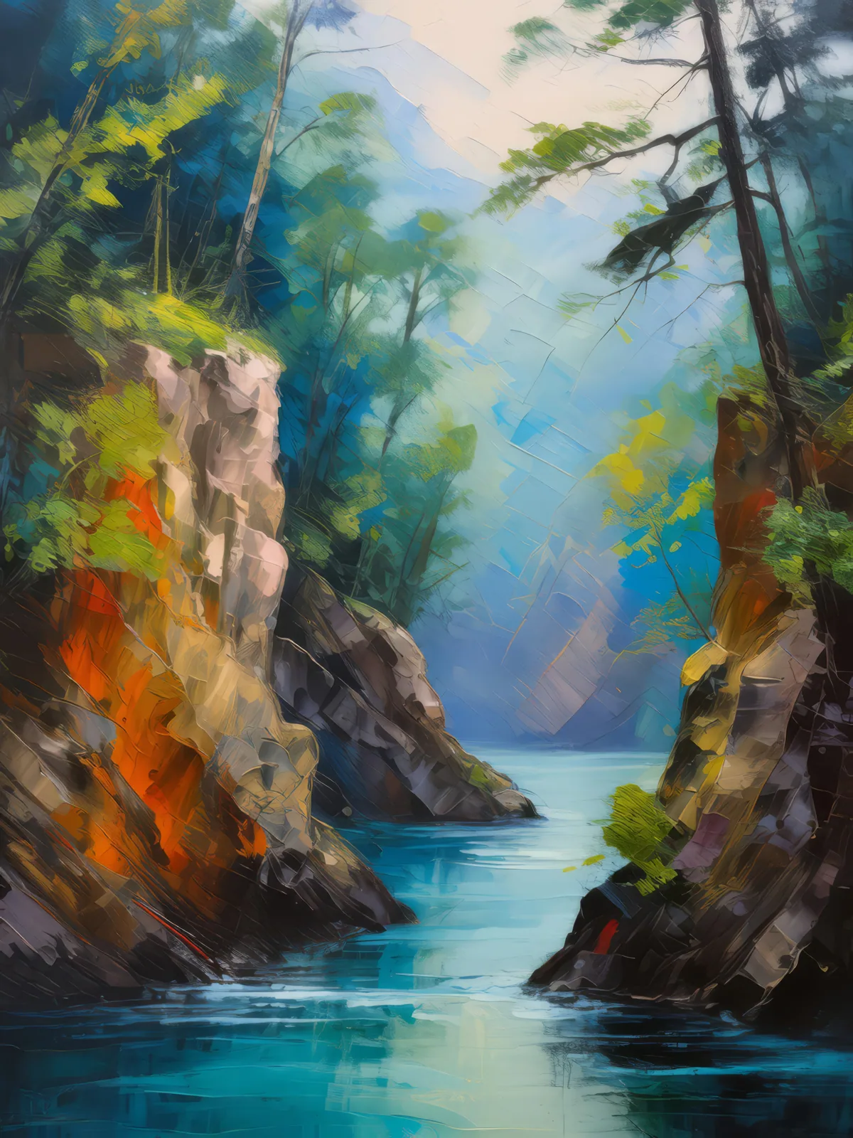 Misty River Chasm, a palette-knife oil landscape by Emma Mickelberg