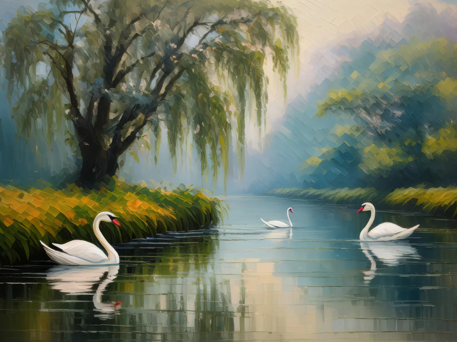 Misty River Morning, a palette-knife oil landscape by Emma Mickelberg