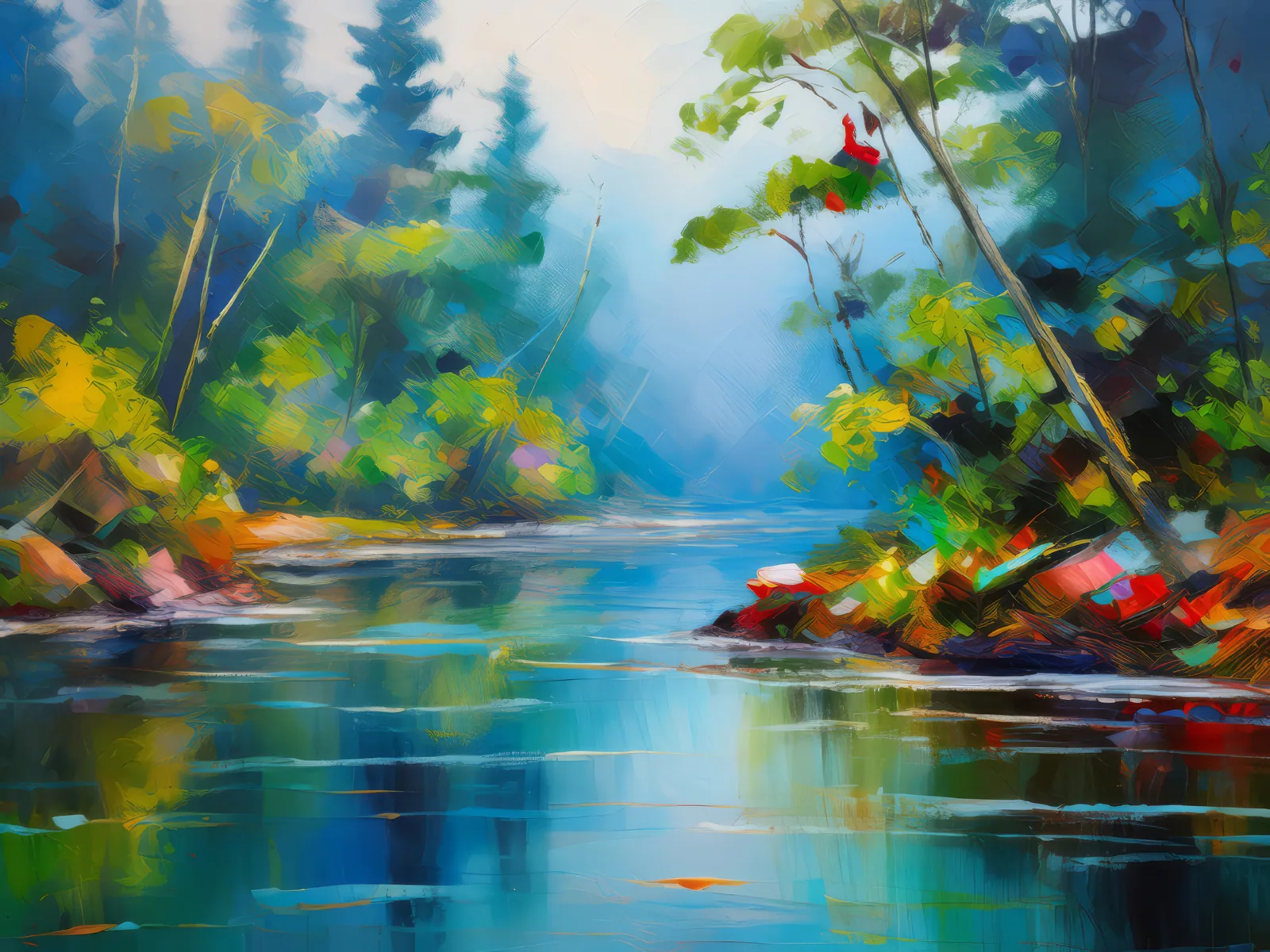 Misty River Through Boreal Jungle, a palette-knife oil landscape by Emma Mickelberg