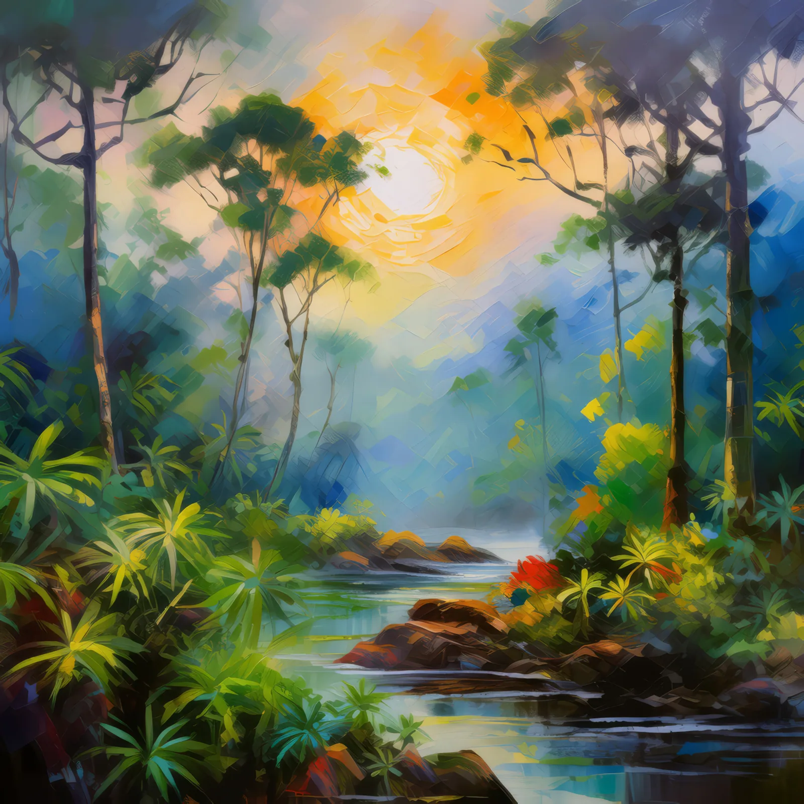 Misty Veil Over the Jungle, a palette-knife oil landscape by Emma Mickelberg