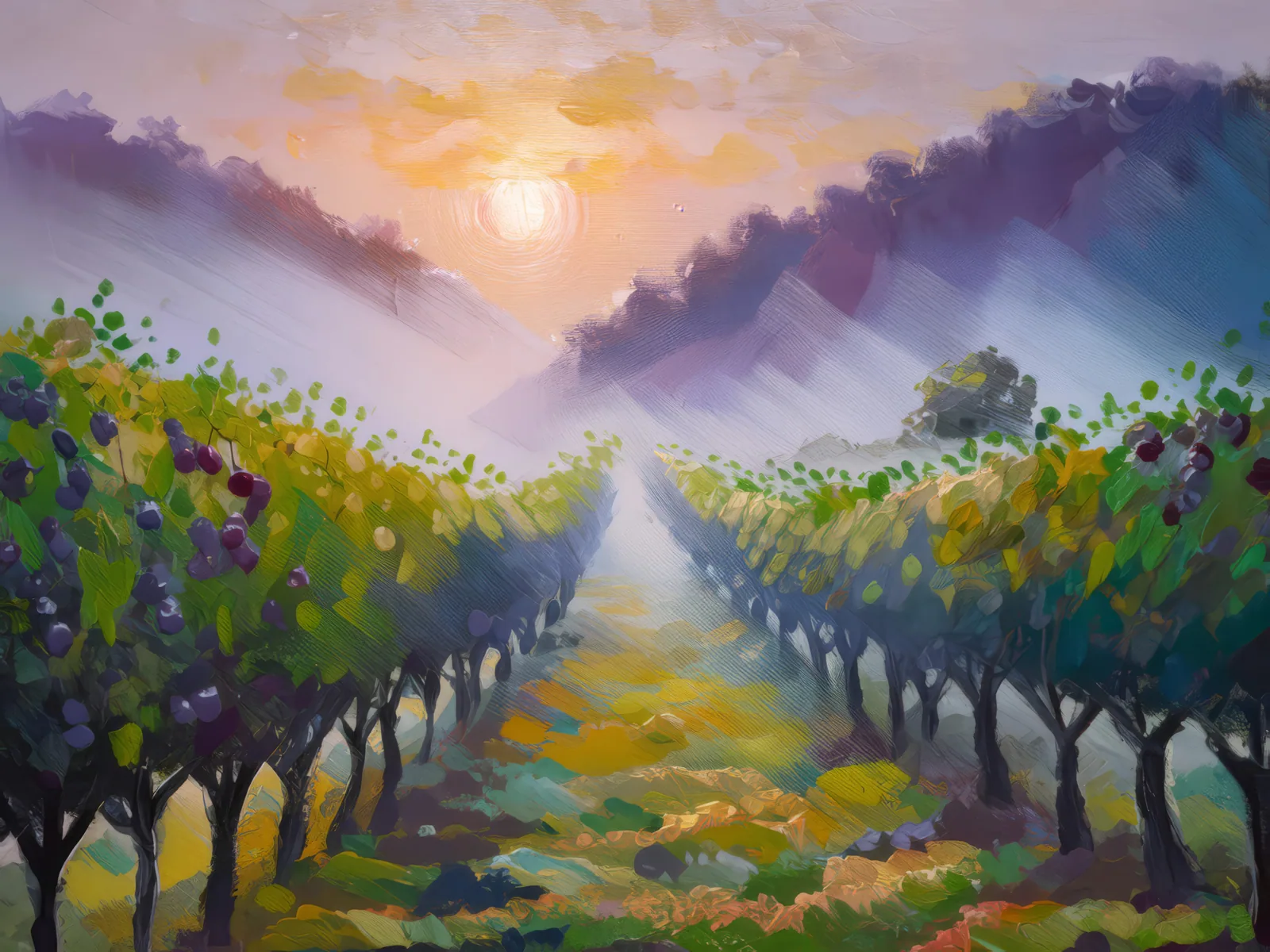 Misty Vineyard Morning, a palette-knife oil landscape by Emma Mickelberg