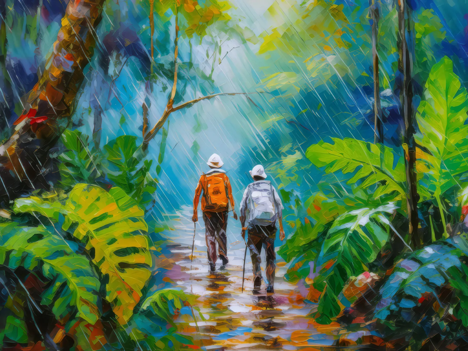 Monsoon Season Jungle Trek, a palette-knife oil landscape by Emma Mickelberg