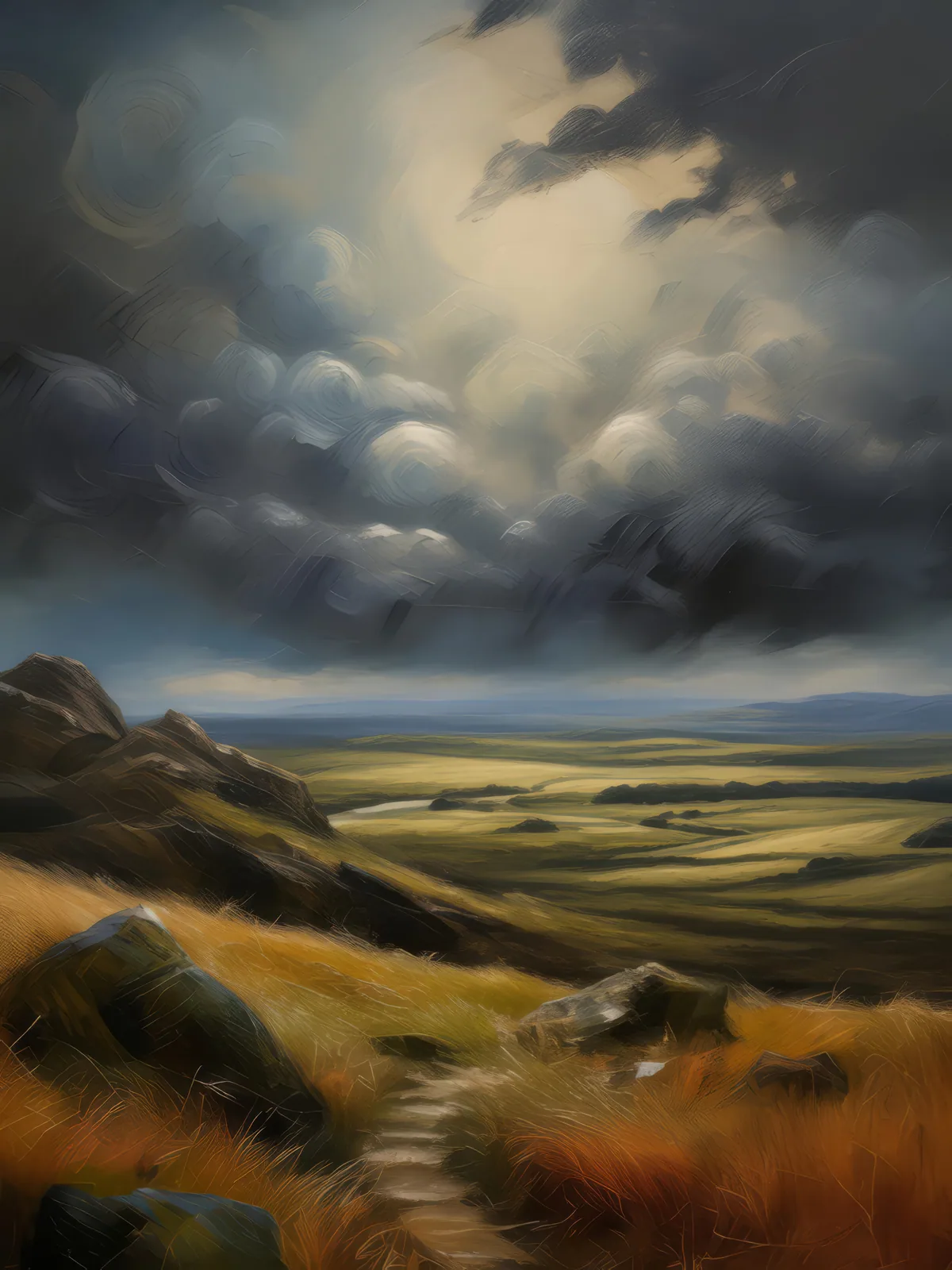 Moody Skies Above Moor, a palette-knife oil landscape by Emma Mickelberg