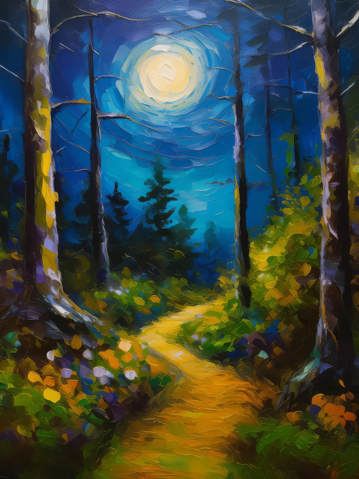 Moonlight Forest Path, a palette-knife oil landscape by Emma Mickelberg