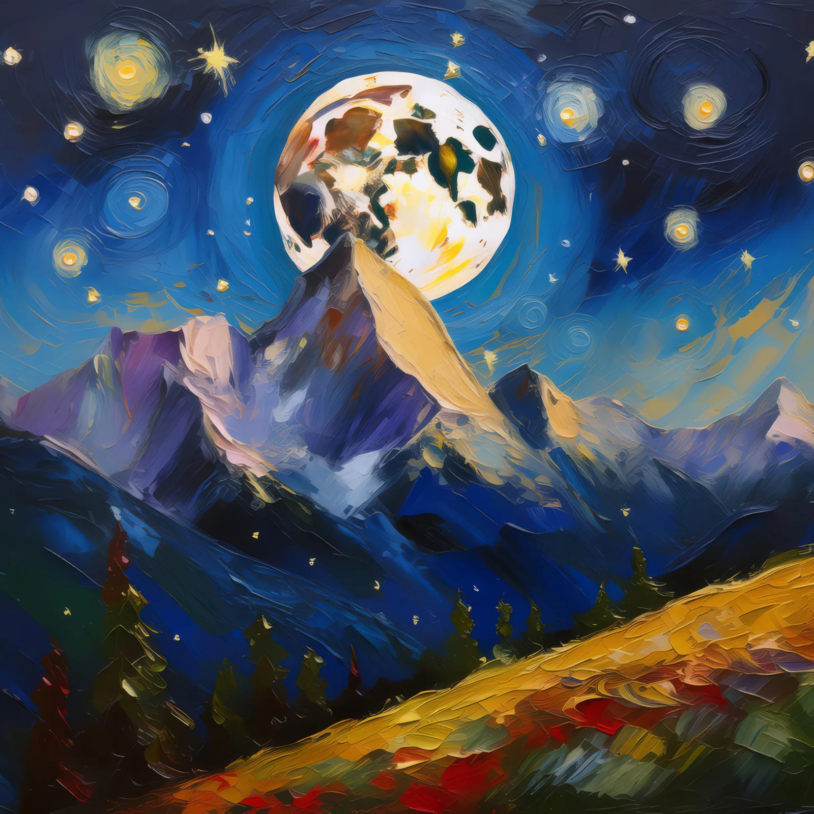 Moonlight on Alpine Peaks, a palette-knife oil landscape by Emma Mickelberg