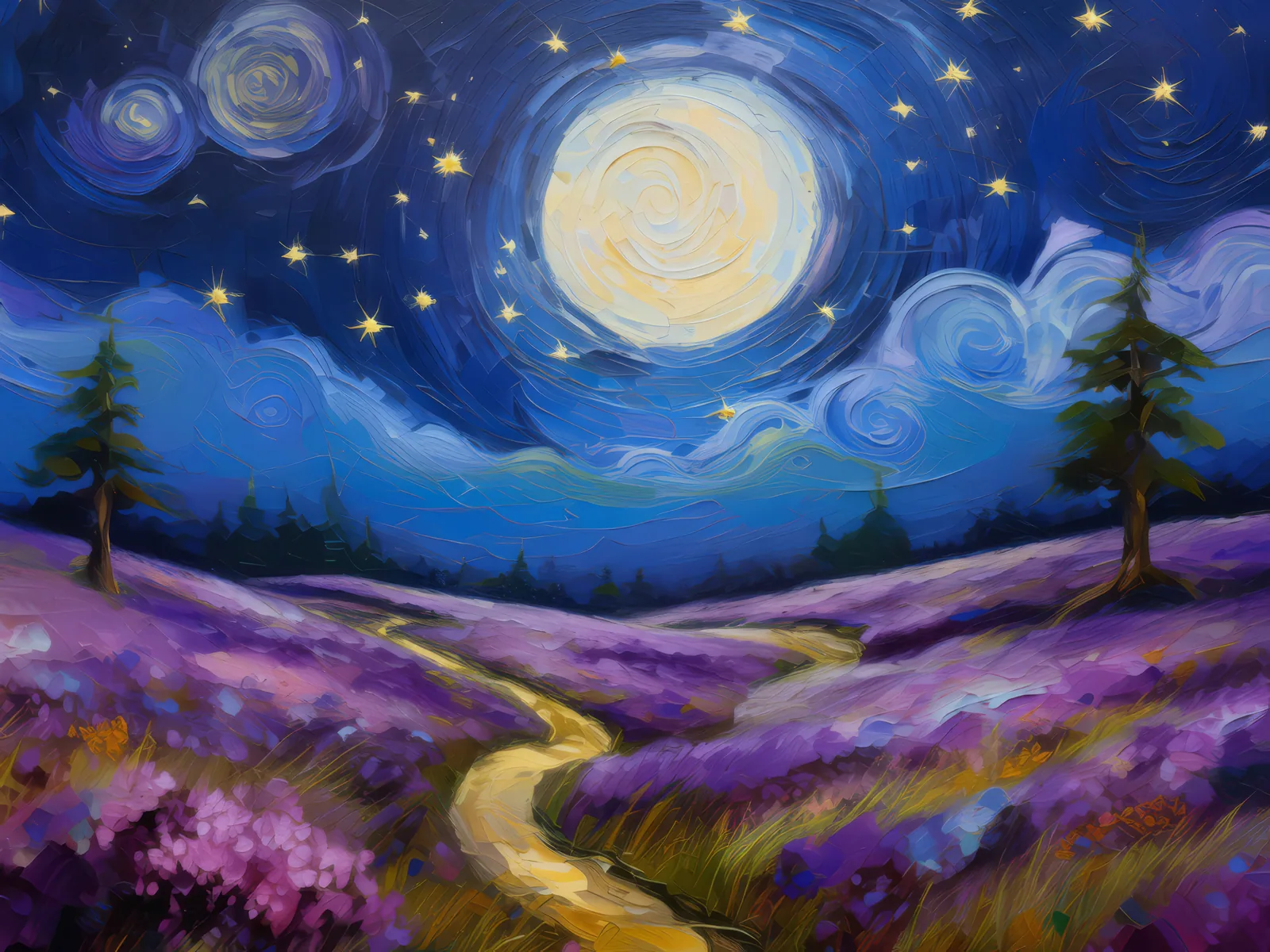 Moonlight Over Moorland, a palette-knife oil landscape by Emma Mickelberg