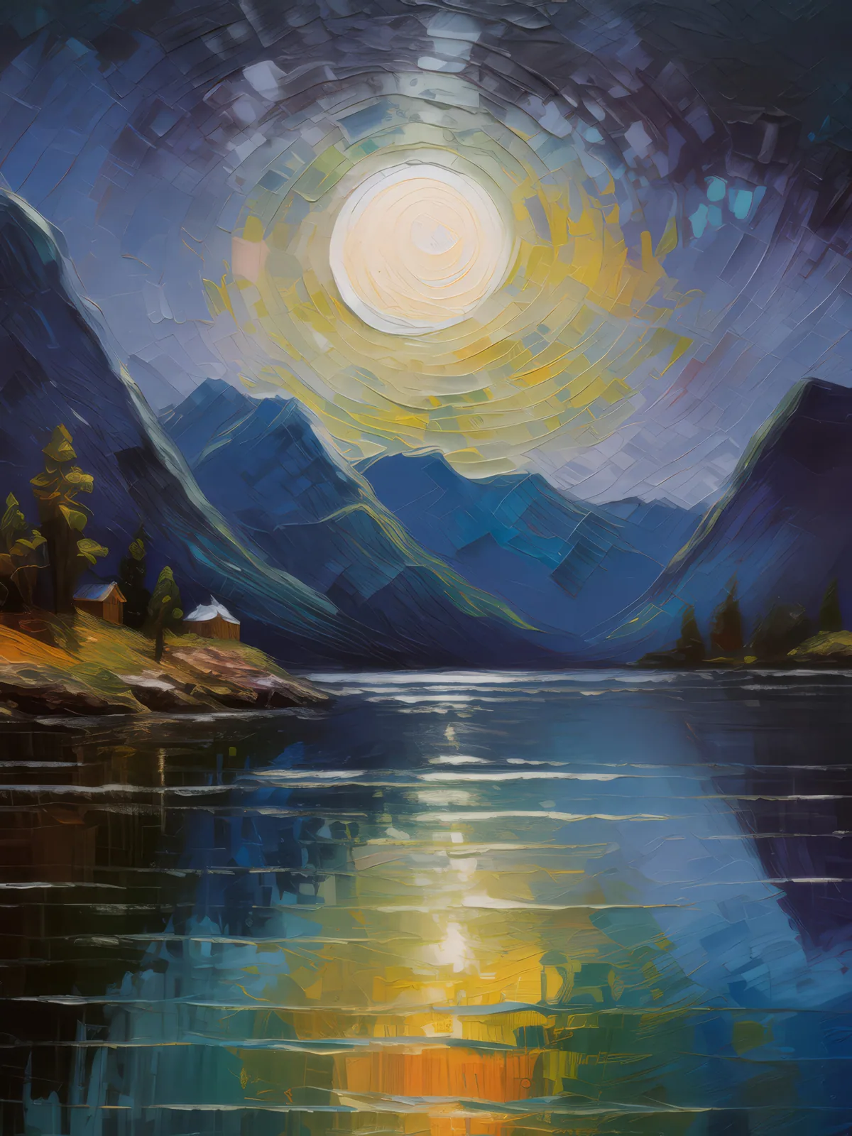 Moonlight Sonata at the Fjord, a palette-knife oil landscape by Emma Mickelberg
