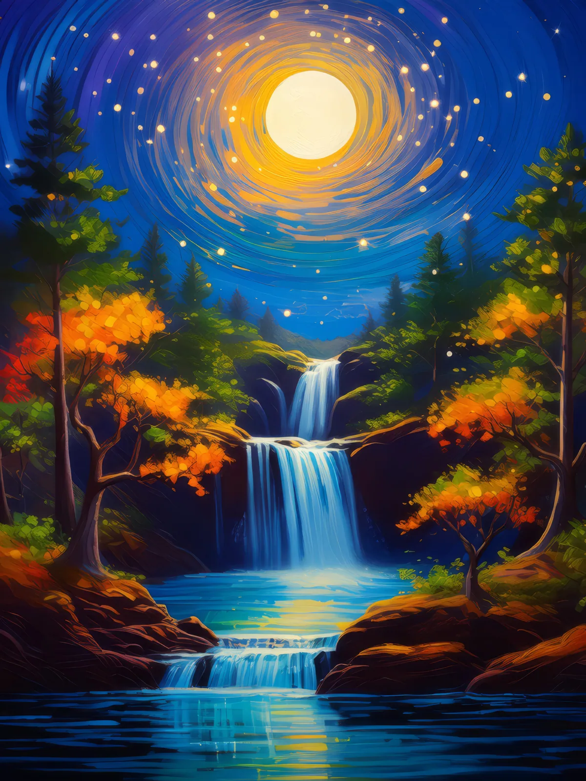 Moonlight Waterfall Journey, a palette-knife oil landscape by Emma Mickelberg