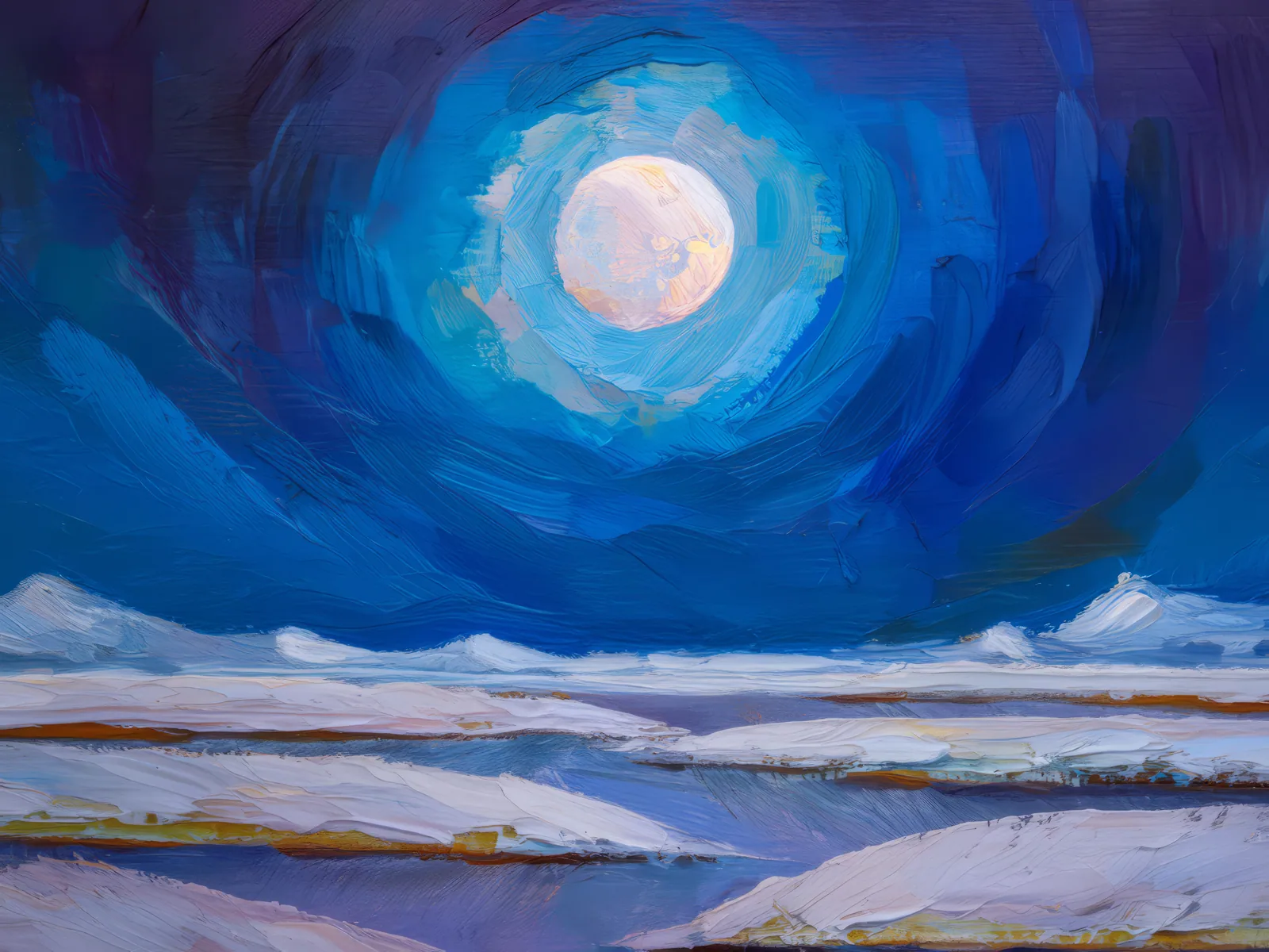 Moonlit Arctic Desert Scene, a palette-knife oil landscape by Emma Mickelberg