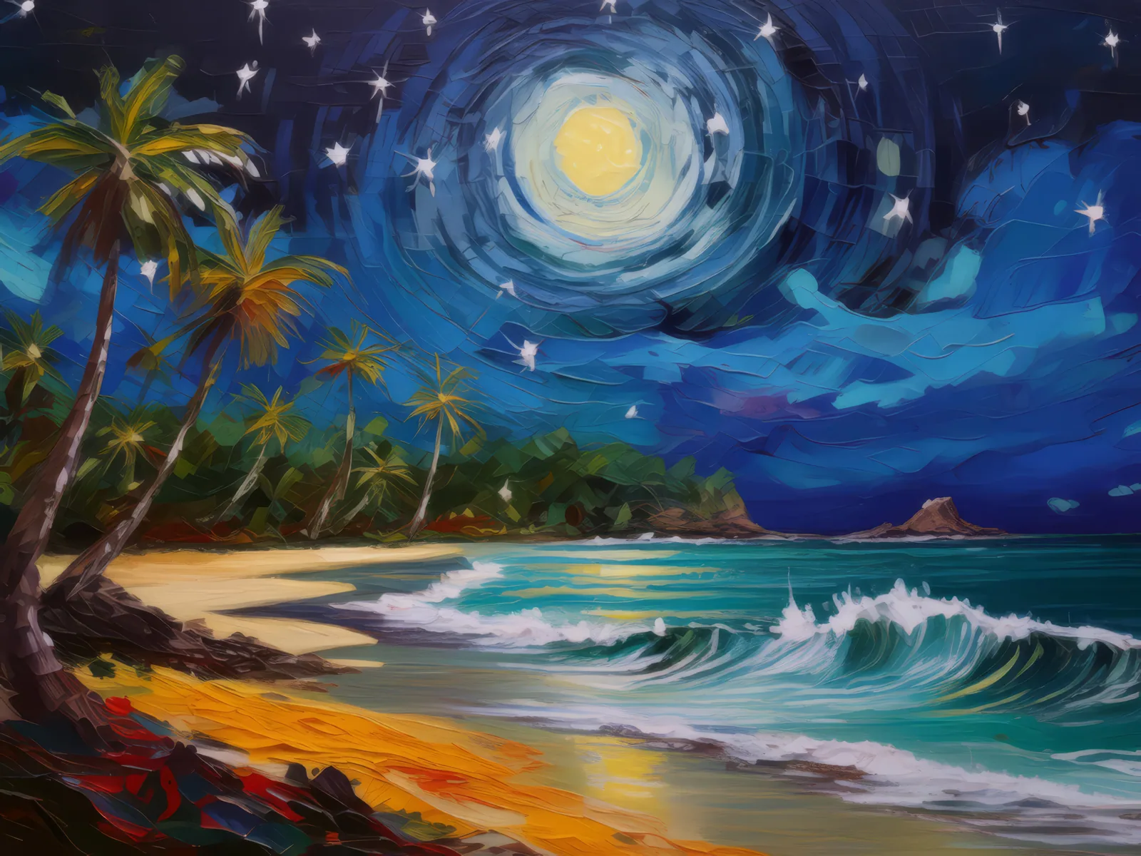 Moonlit Beach Island, a palette-knife oil landscape by Emma Mickelberg