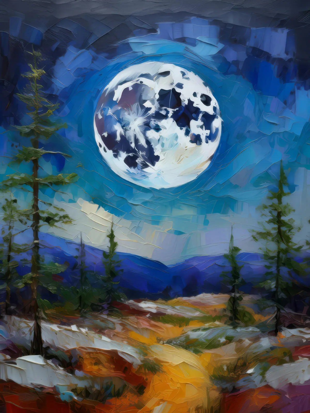 Moonlit Boreal Desert Night, a palette-knife oil landscape by Emma Mickelberg