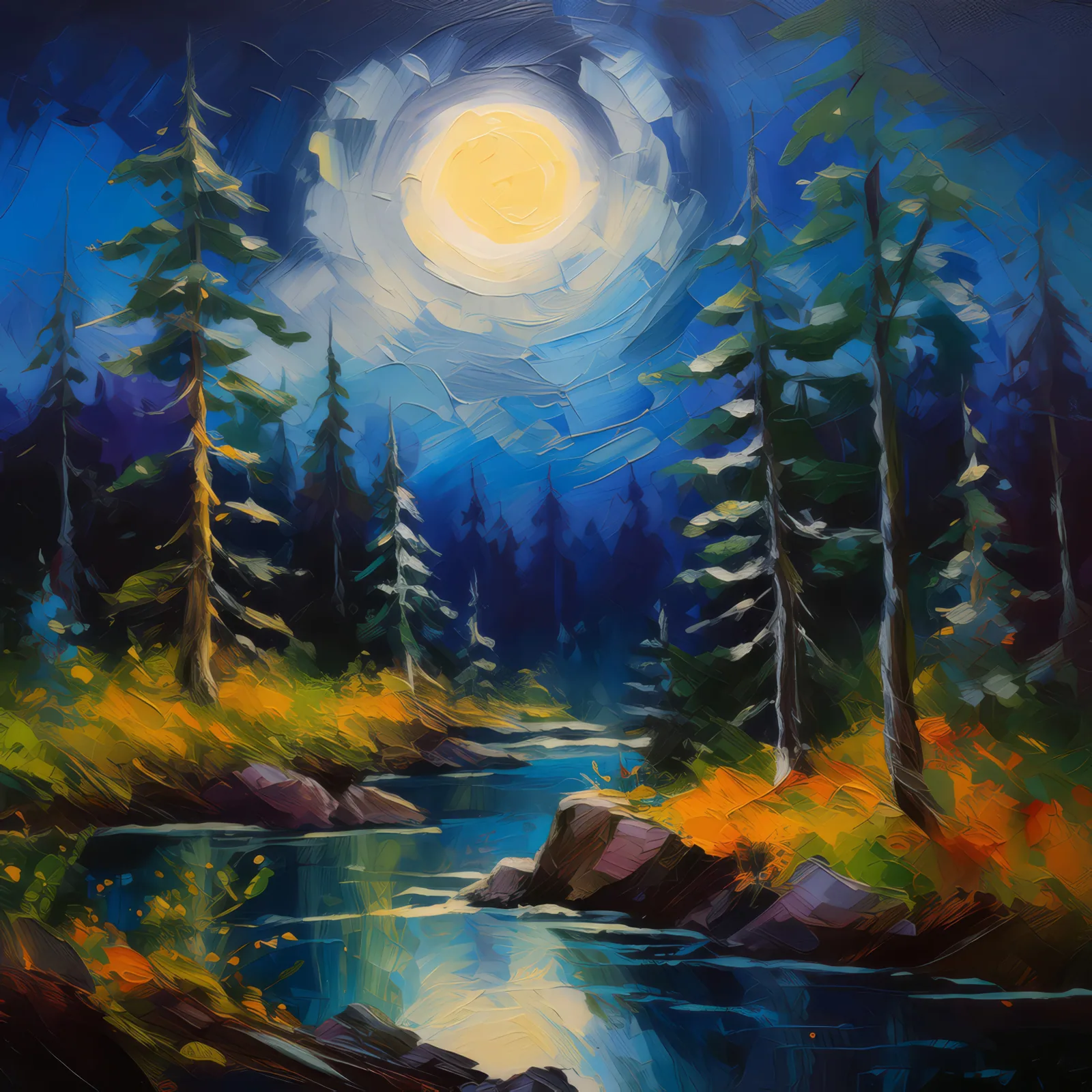 Moonlit Boreal Forest, a palette-knife oil landscape by Emma Mickelberg
