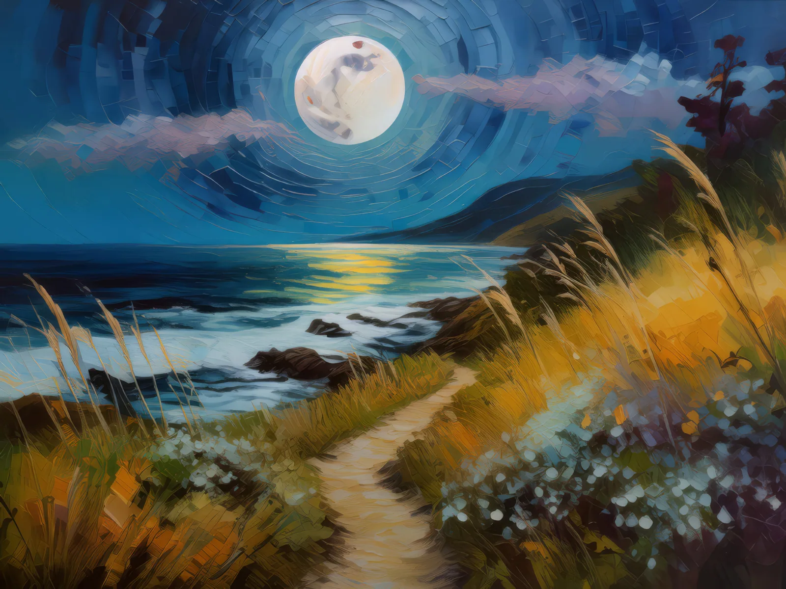 Moonlit Coastal Path, a palette-knife oil landscape by Emma Mickelberg