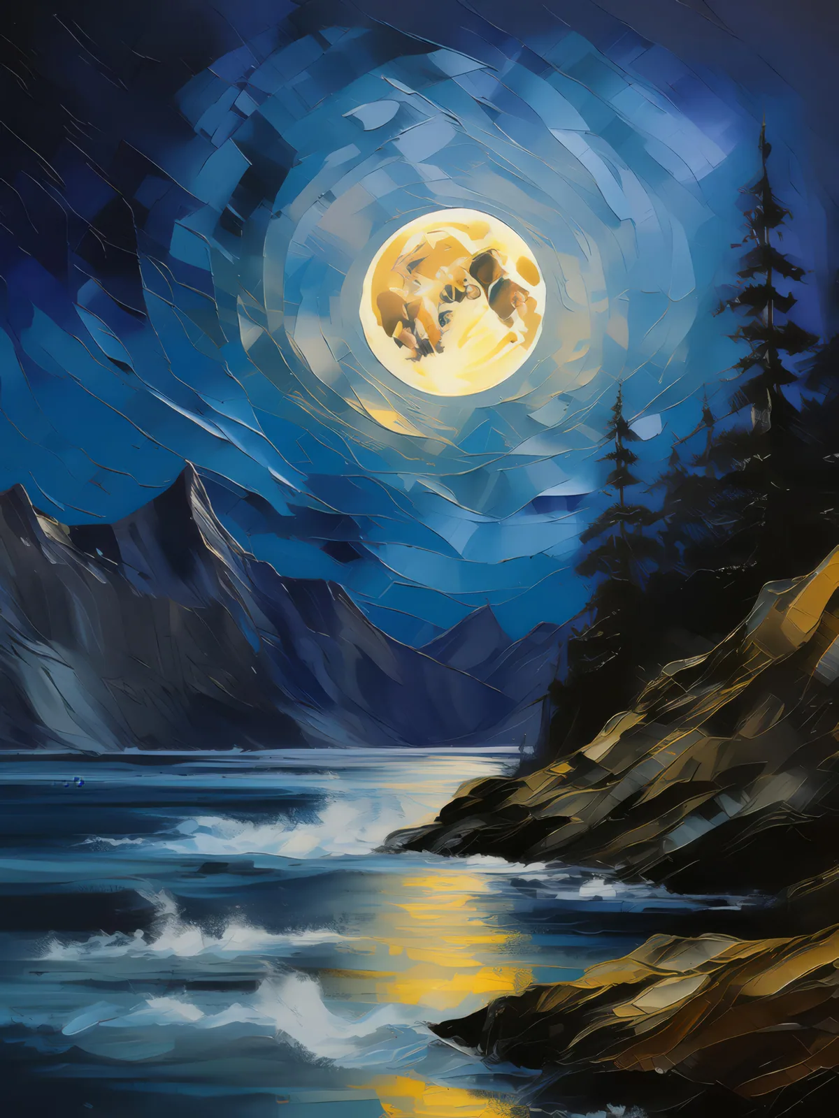Moonlit Crag Mural, a palette-knife oil landscape by Emma Mickelberg