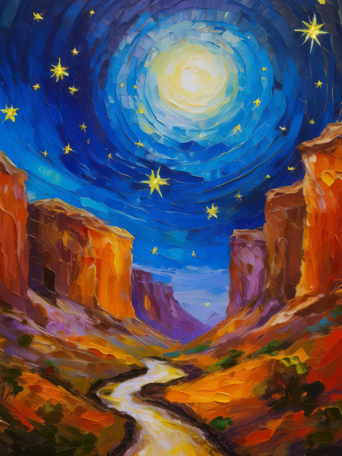 Moonlit Desert Chasm, a palette-knife oil landscape by Emma Mickelberg