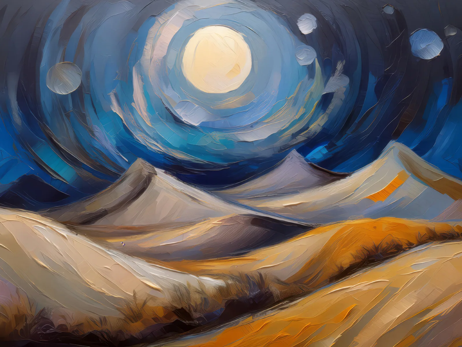 Moonlit Desert Dunes, a palette-knife oil landscape by Emma Mickelberg