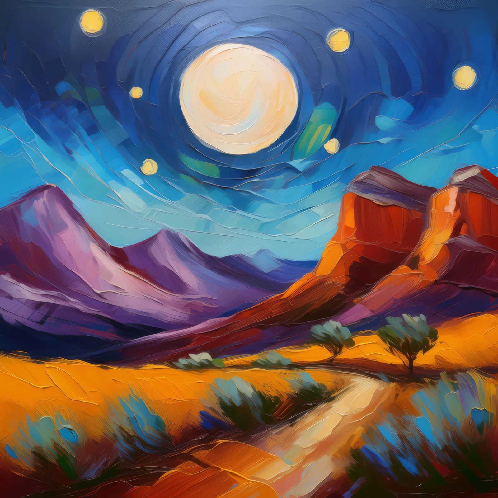 Moonlit Desert Mountains, a palette-knife oil landscape by Emma Mickelberg