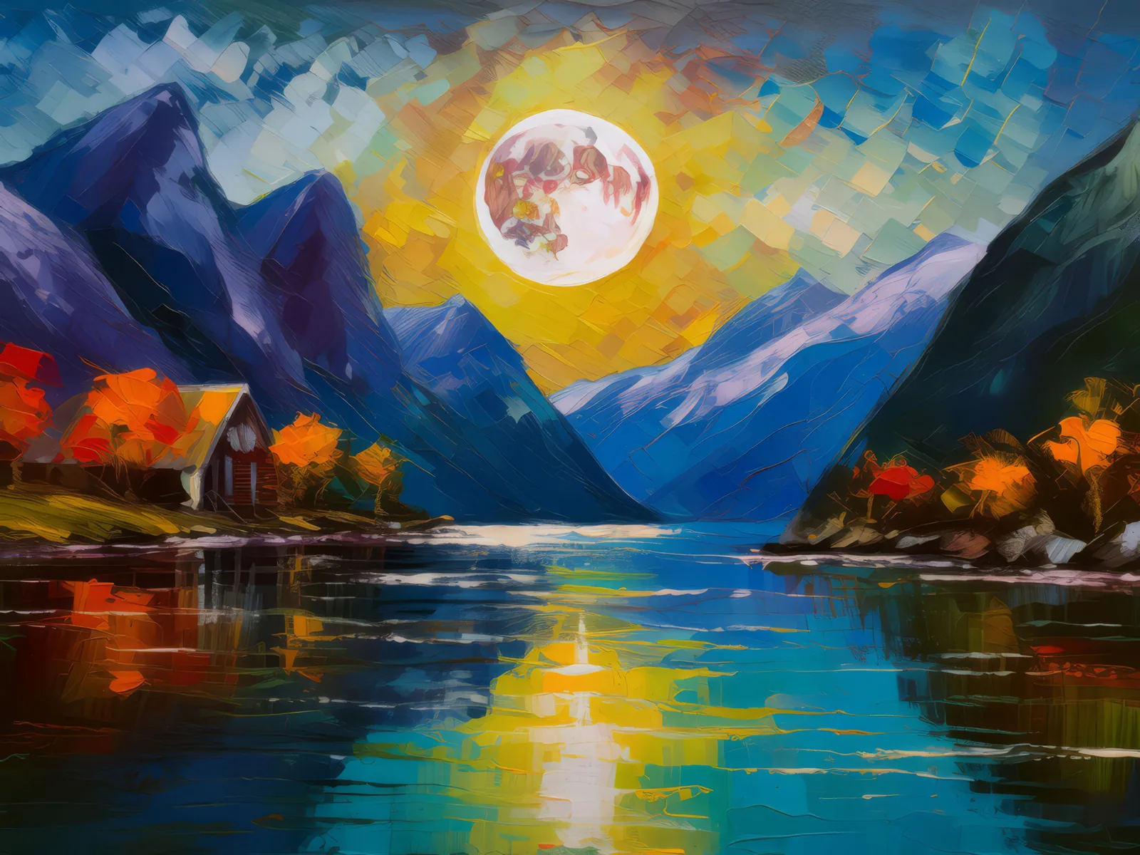 Moonlit Fjord Serenity, a palette-knife oil landscape by Emma Mickelberg