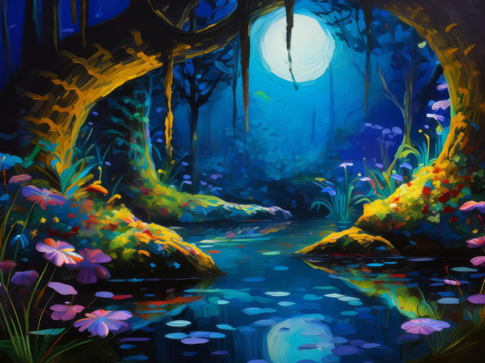 Moonlit Forest Grotto, a palette-knife oil landscape by Emma Mickelberg