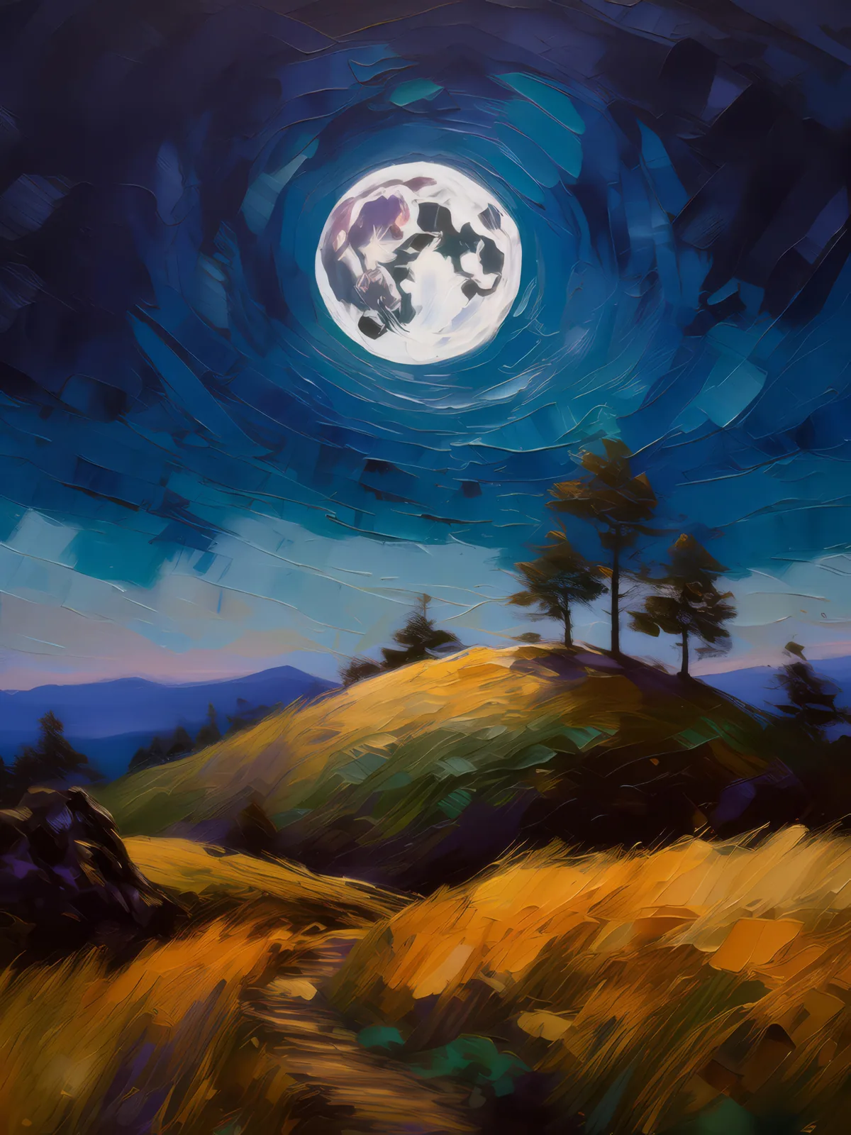 Moonlit Knoll Serenity, a palette-knife oil landscape by Emma Mickelberg
