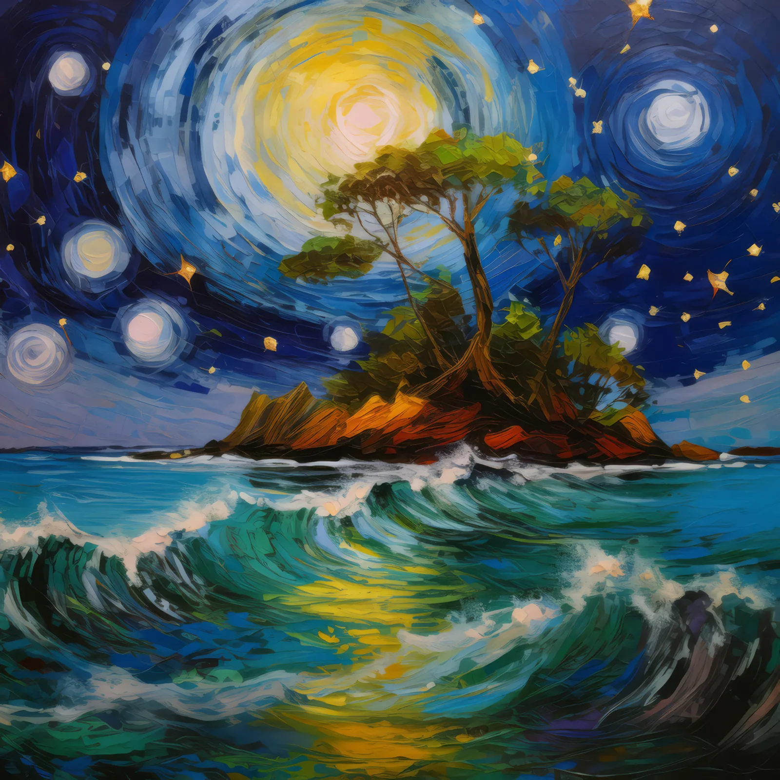 Moonlit Lagoon Island, a palette-knife oil landscape by Emma Mickelberg