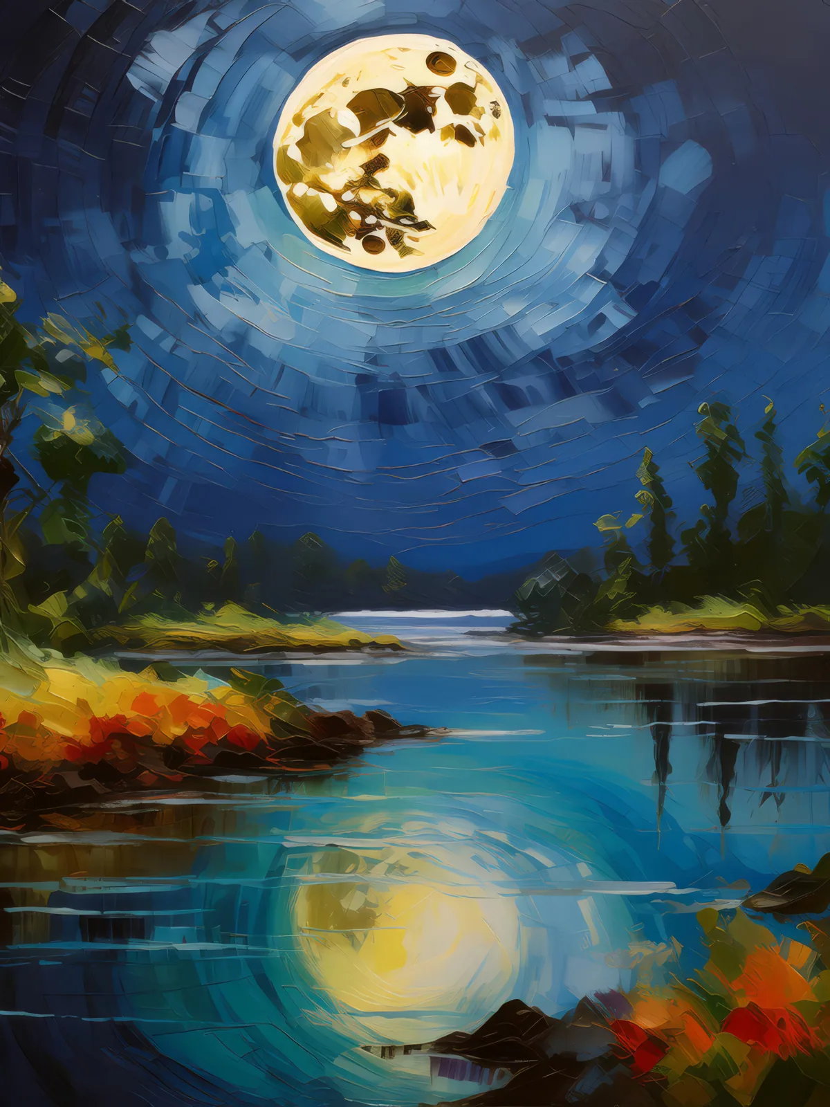 Moonlit Lagoon Night, a palette-knife oil landscape by Emma Mickelberg