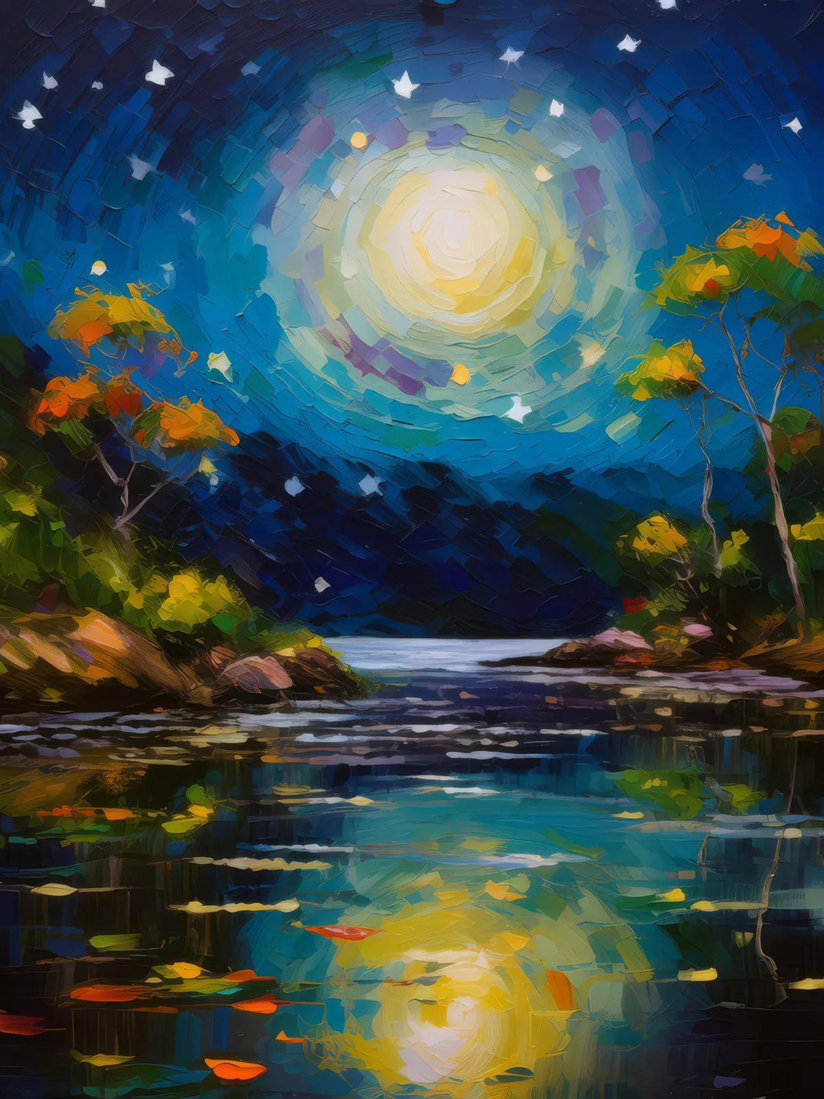 Moonlit Lagoon Tranquility, a palette-knife oil landscape by Emma Mickelberg