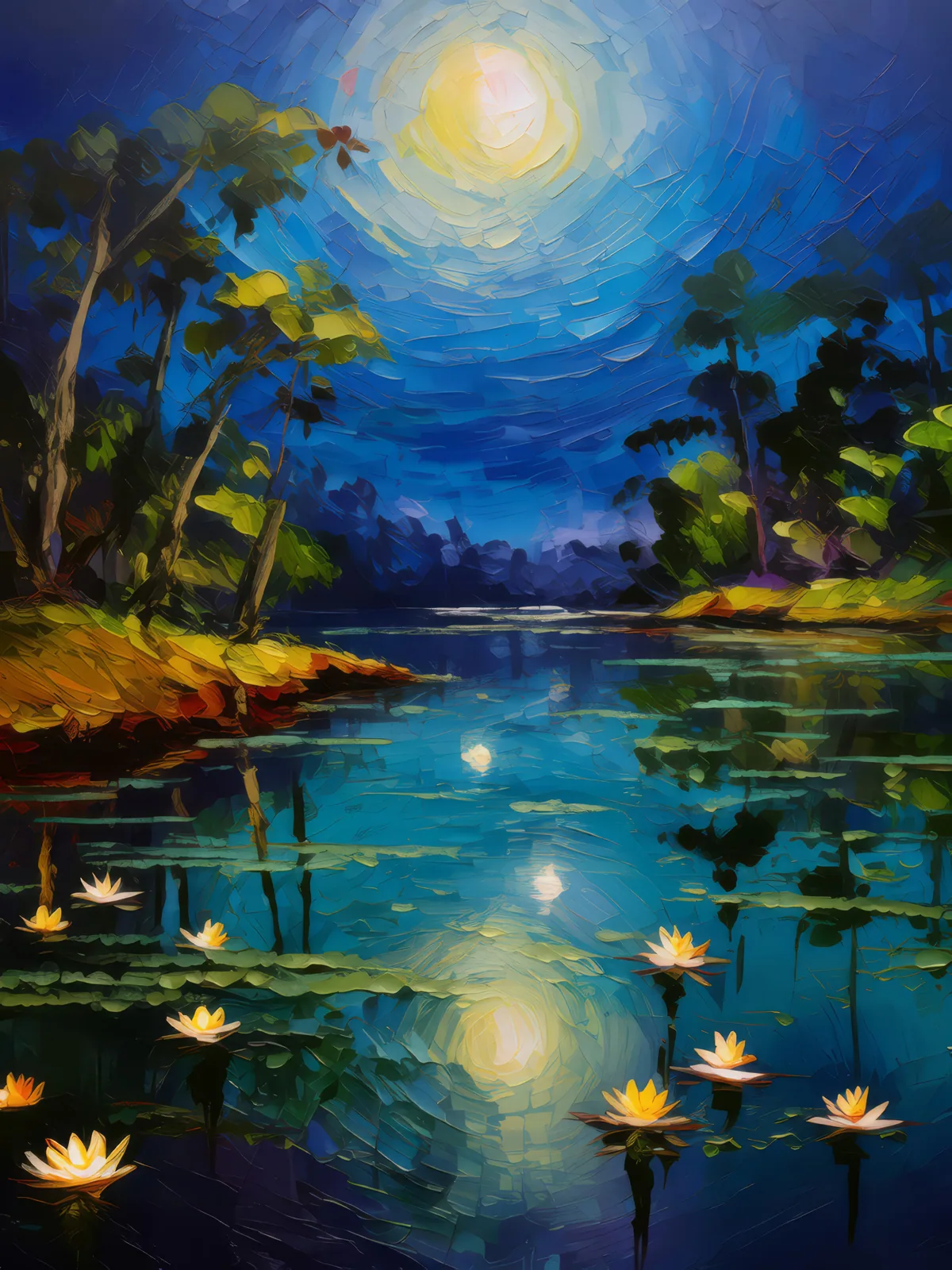 Moonlit Lagoon, a palette-knife oil landscape by Emma Mickelberg