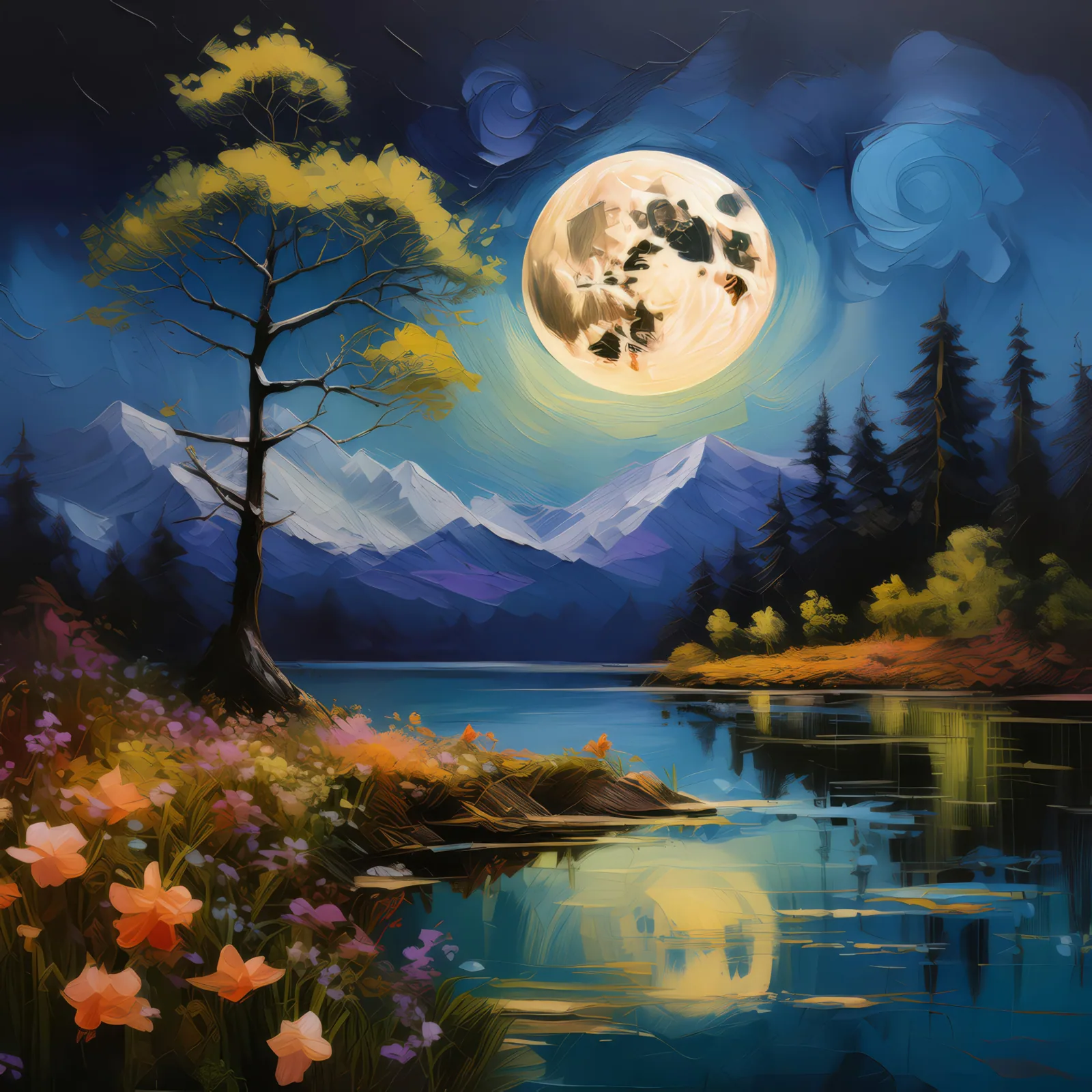 Moonlit Lake Serenity, a palette-knife oil landscape by Emma Mickelberg