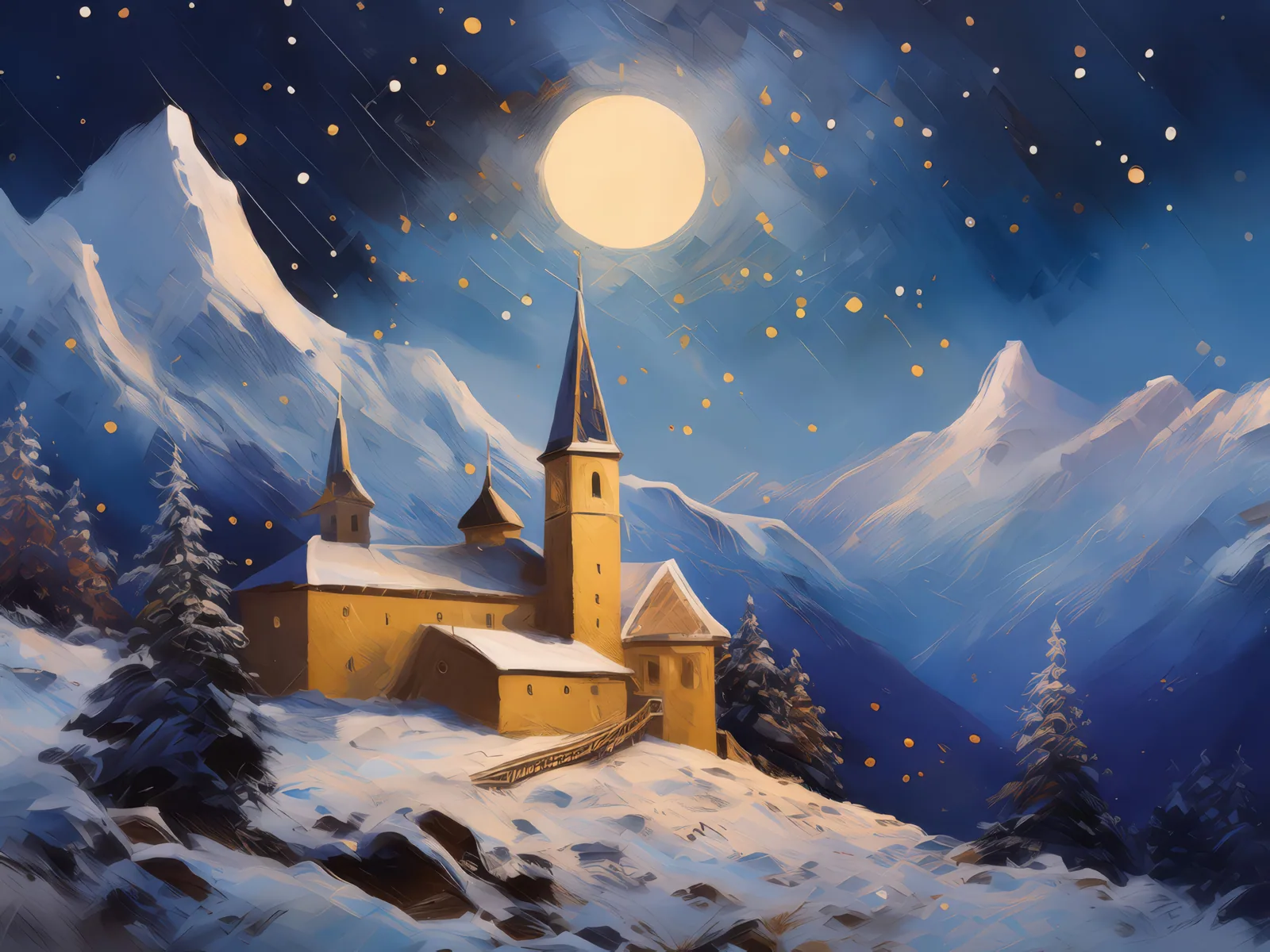 Moonlit Monastery in the Mountains, a palette-knife oil landscape by Emma Mickelberg