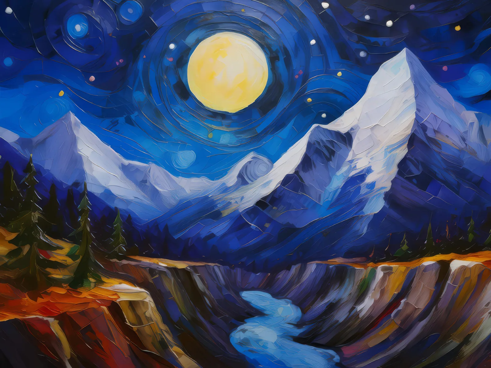 Moonlit Mountain Chasm, a palette-knife oil landscape by Emma Mickelberg