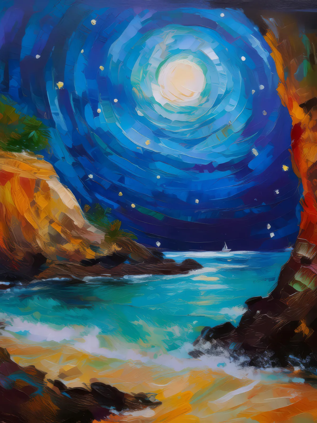 Moonlit Oasis Grotto, a palette-knife oil landscape by Emma Mickelberg